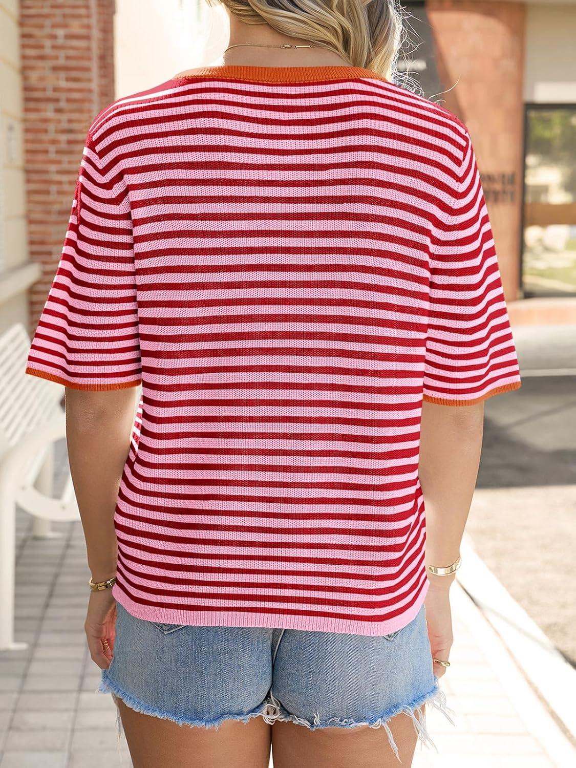 image:imageSaodimallsu Womens Short Sleeve Cardigans Lightweight Striped Button Down Crew Neck Spring Summer Sweater TopsPink