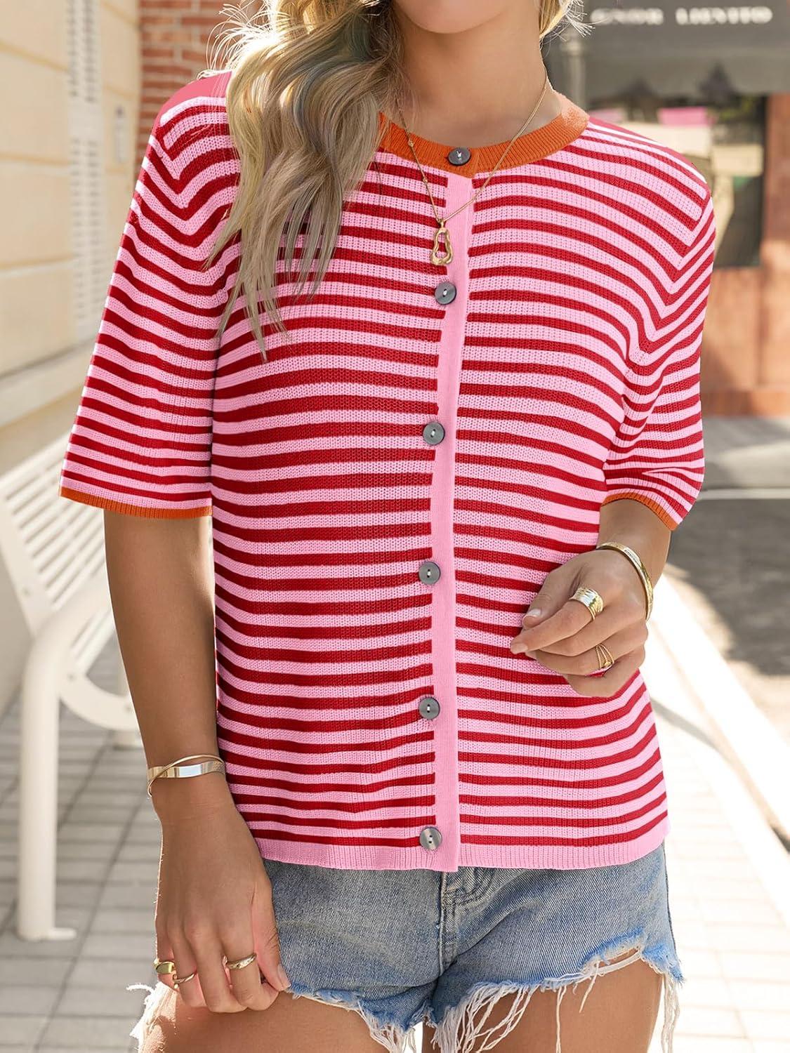 image:imageSaodimallsu Womens Short Sleeve Cardigans Lightweight Striped Button Down Crew Neck Spring Summer Sweater TopsPink
