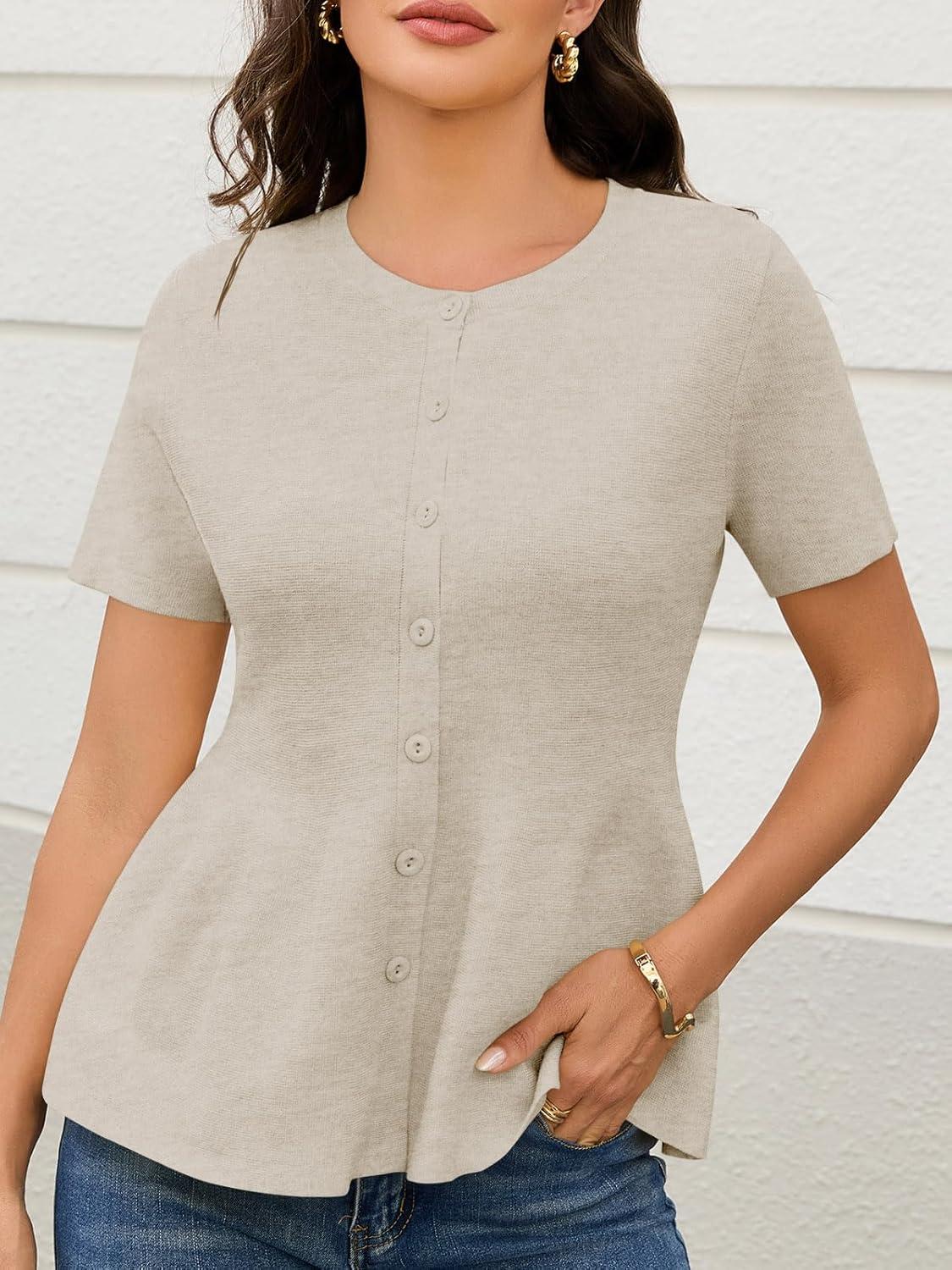 image:imageSaodimallsu Womens Short Sleeve Cardigans Ruffle Button Down Crew Neck Peplum Babydoll Knit Sweater TopsApricot