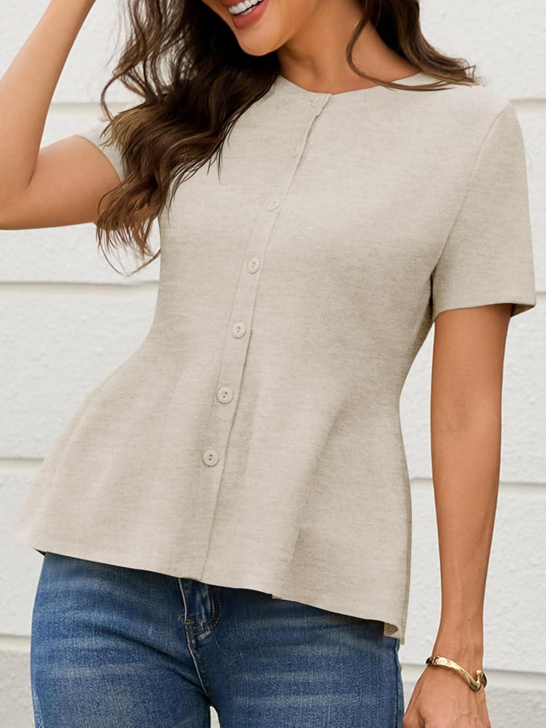 image:imageSaodimallsu Womens Short Sleeve Cardigans Ruffle Button Down Crew Neck Peplum Babydoll Knit Sweater TopsApricot