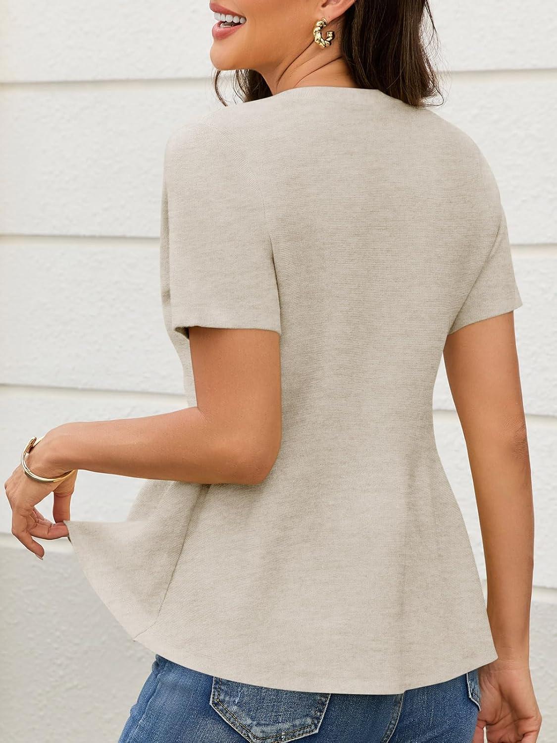 image:imageSaodimallsu Womens Short Sleeve Cardigans Ruffle Button Down Crew Neck Peplum Babydoll Knit Sweater TopsApricot