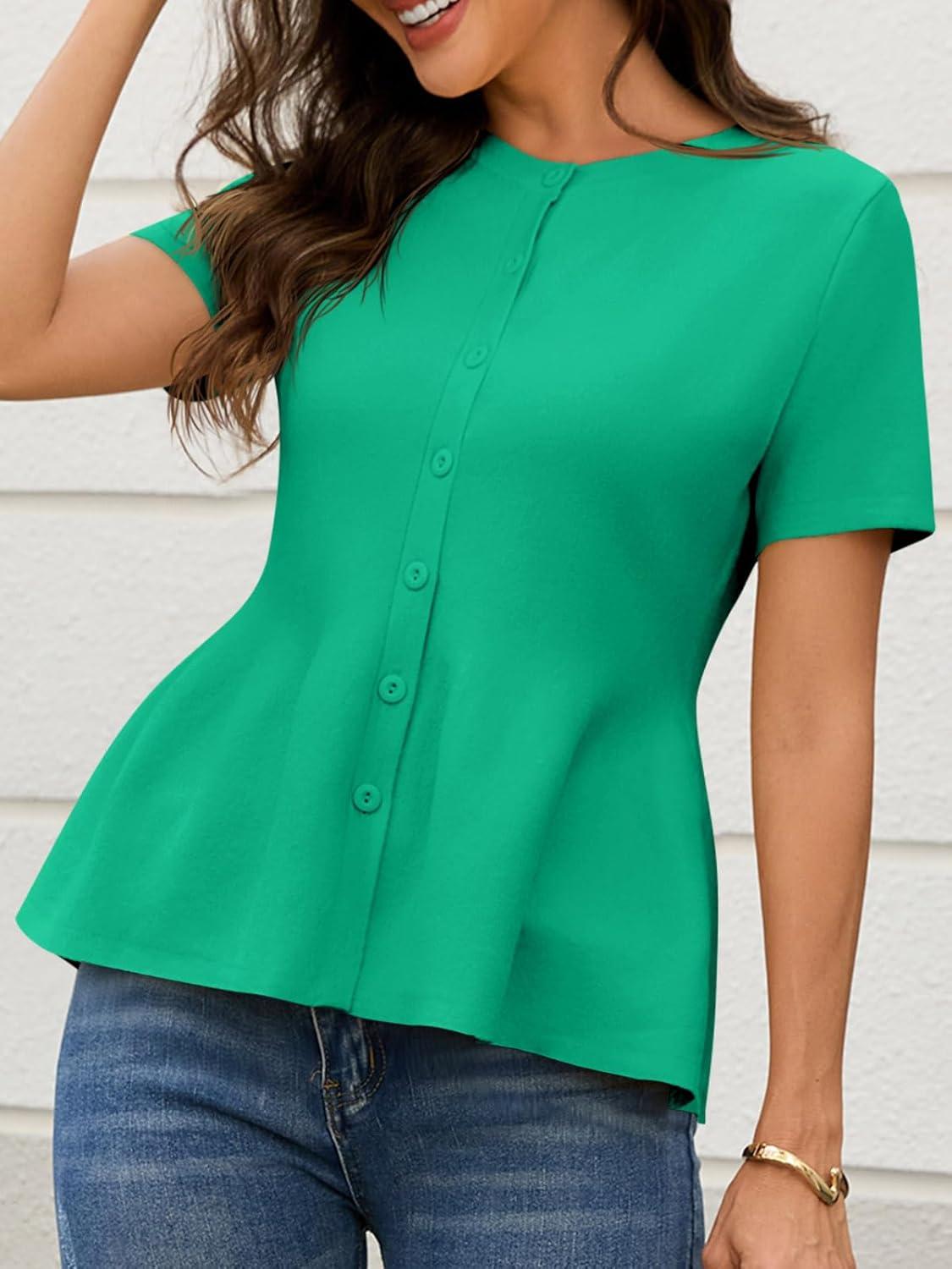 image:imageSaodimallsu Womens Short Sleeve Cardigans Ruffle Button Down Crew Neck Peplum Babydoll Knit Sweater TopsGreen