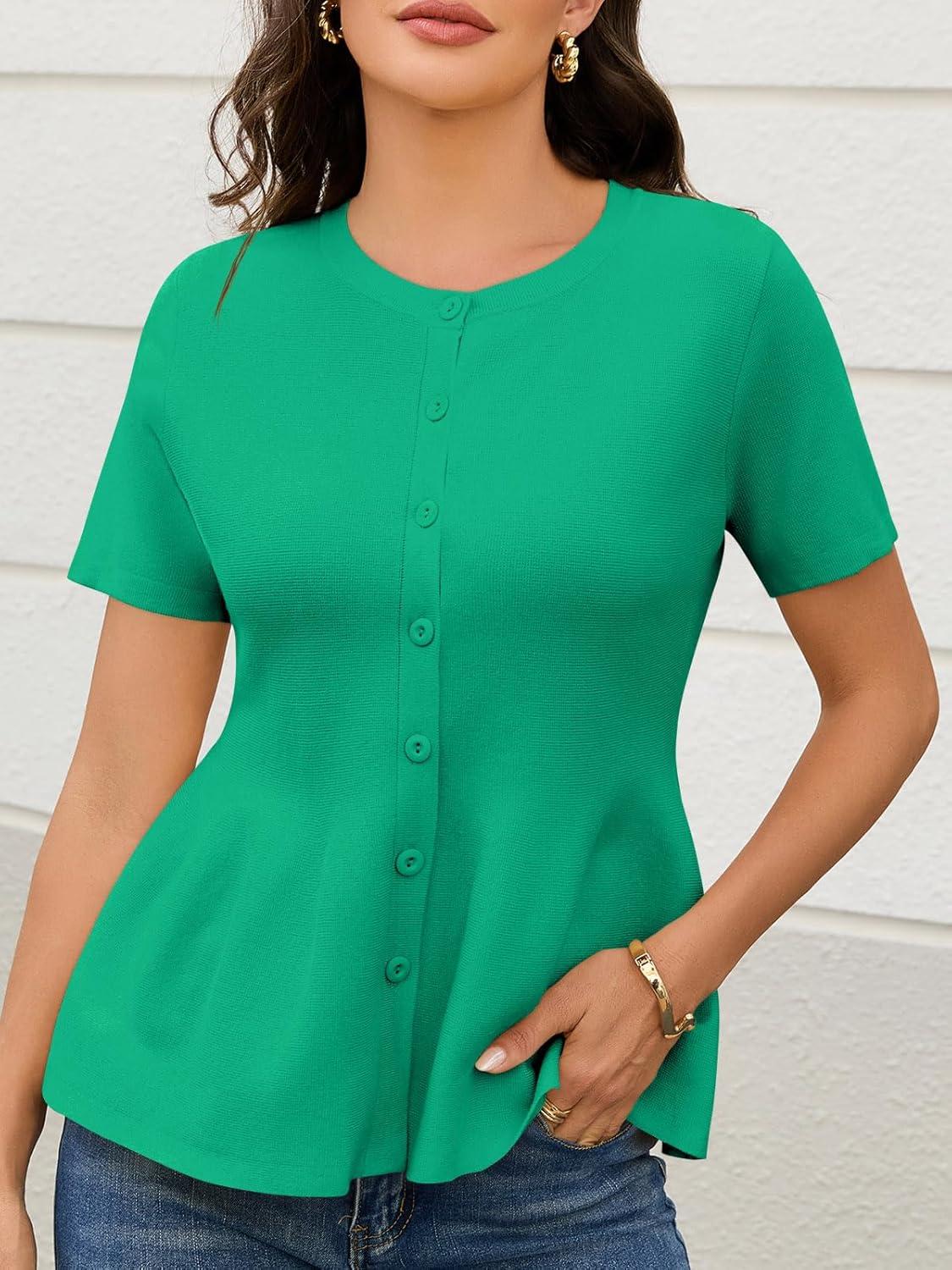 image:imageSaodimallsu Womens Short Sleeve Cardigans Ruffle Button Down Crew Neck Peplum Babydoll Knit Sweater TopsGreen