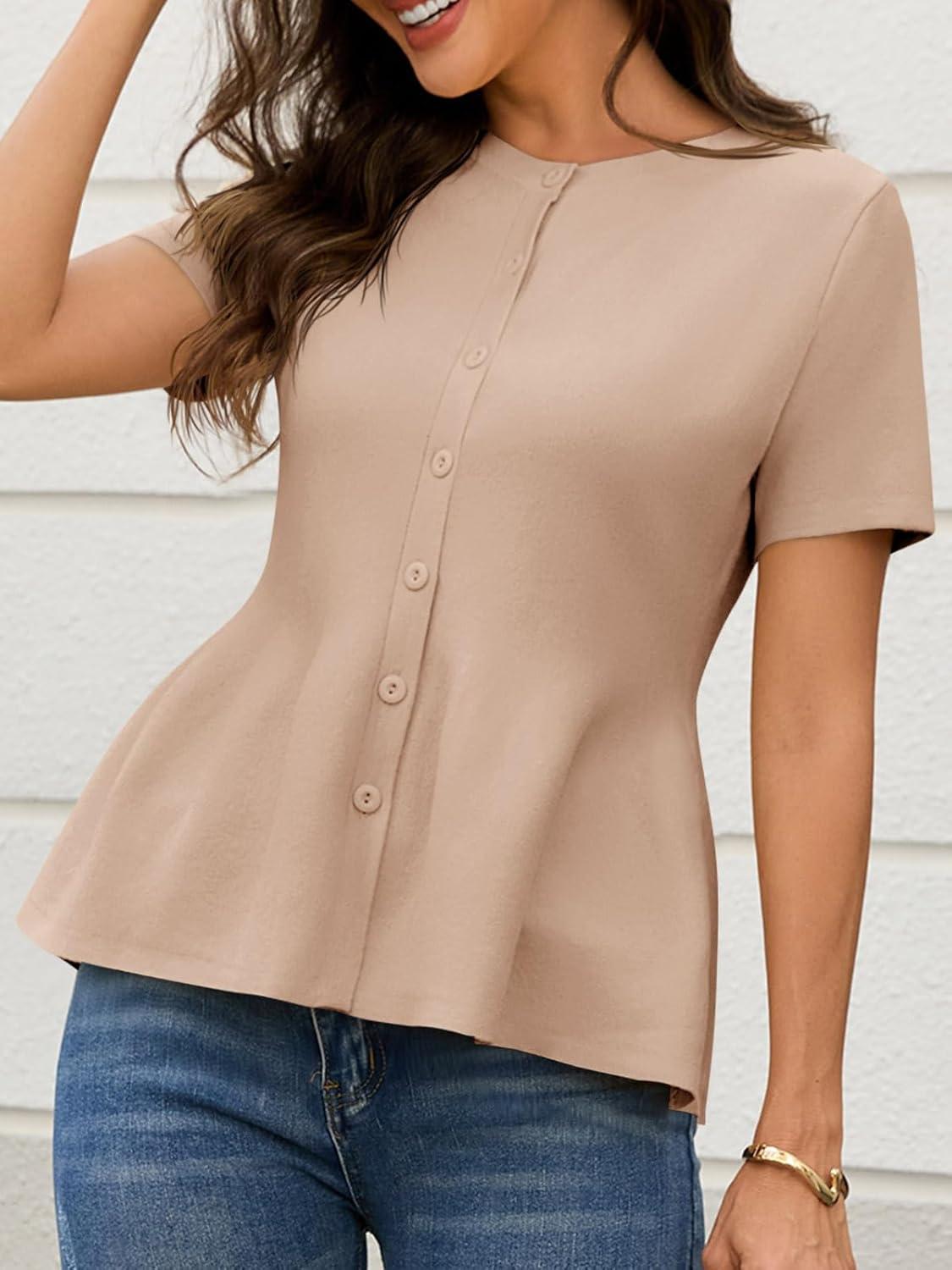 image:imageSaodimallsu Womens Short Sleeve Cardigans Ruffle Button Down Crew Neck Peplum Babydoll Knit Sweater TopsKhaki