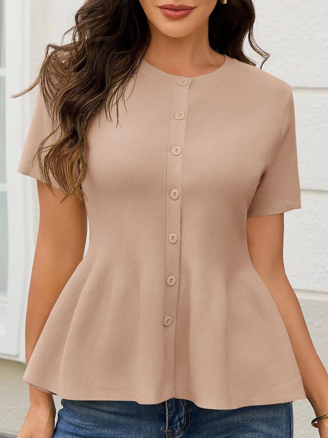 image:imageSaodimallsu Womens Short Sleeve Cardigans Ruffle Button Down Crew Neck Peplum Babydoll Knit Sweater TopsKhaki
