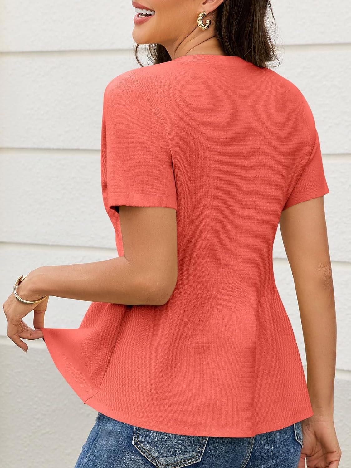 image:imageSaodimallsu Womens Short Sleeve Cardigans Ruffle Button Down Crew Neck Peplum Babydoll Knit Sweater TopsOrange