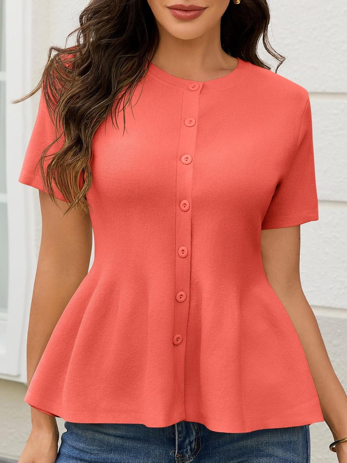 image:imageSaodimallsu Womens Short Sleeve Cardigans Ruffle Button Down Crew Neck Peplum Babydoll Knit Sweater TopsOrange