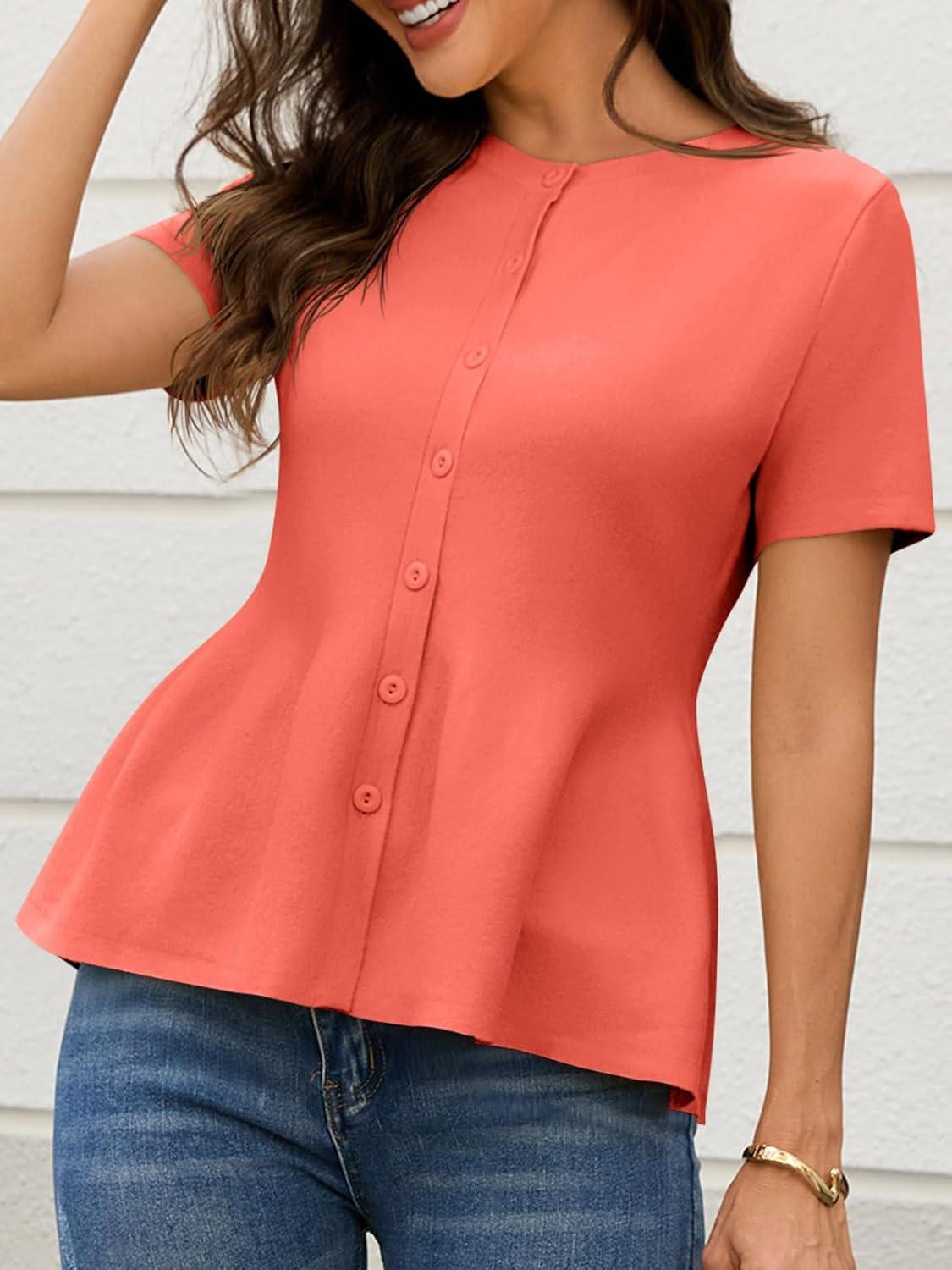 image:imageSaodimallsu Womens Short Sleeve Cardigans Ruffle Button Down Crew Neck Peplum Babydoll Knit Sweater TopsOrange