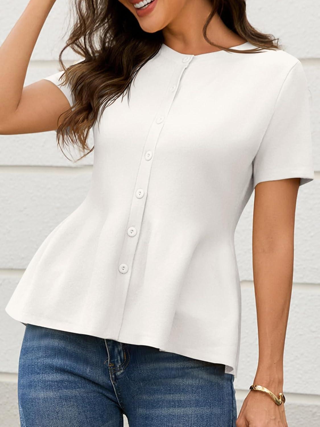 image:imageSaodimallsu Womens Short Sleeve Cardigans Ruffle Button Down Crew Neck Peplum Babydoll Knit Sweater TopsWhite