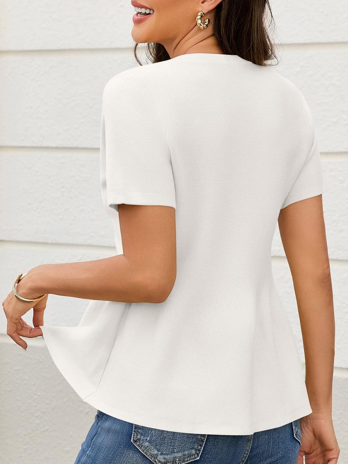 image:imageSaodimallsu Womens Short Sleeve Cardigans Ruffle Button Down Crew Neck Peplum Babydoll Knit Sweater TopsWhite