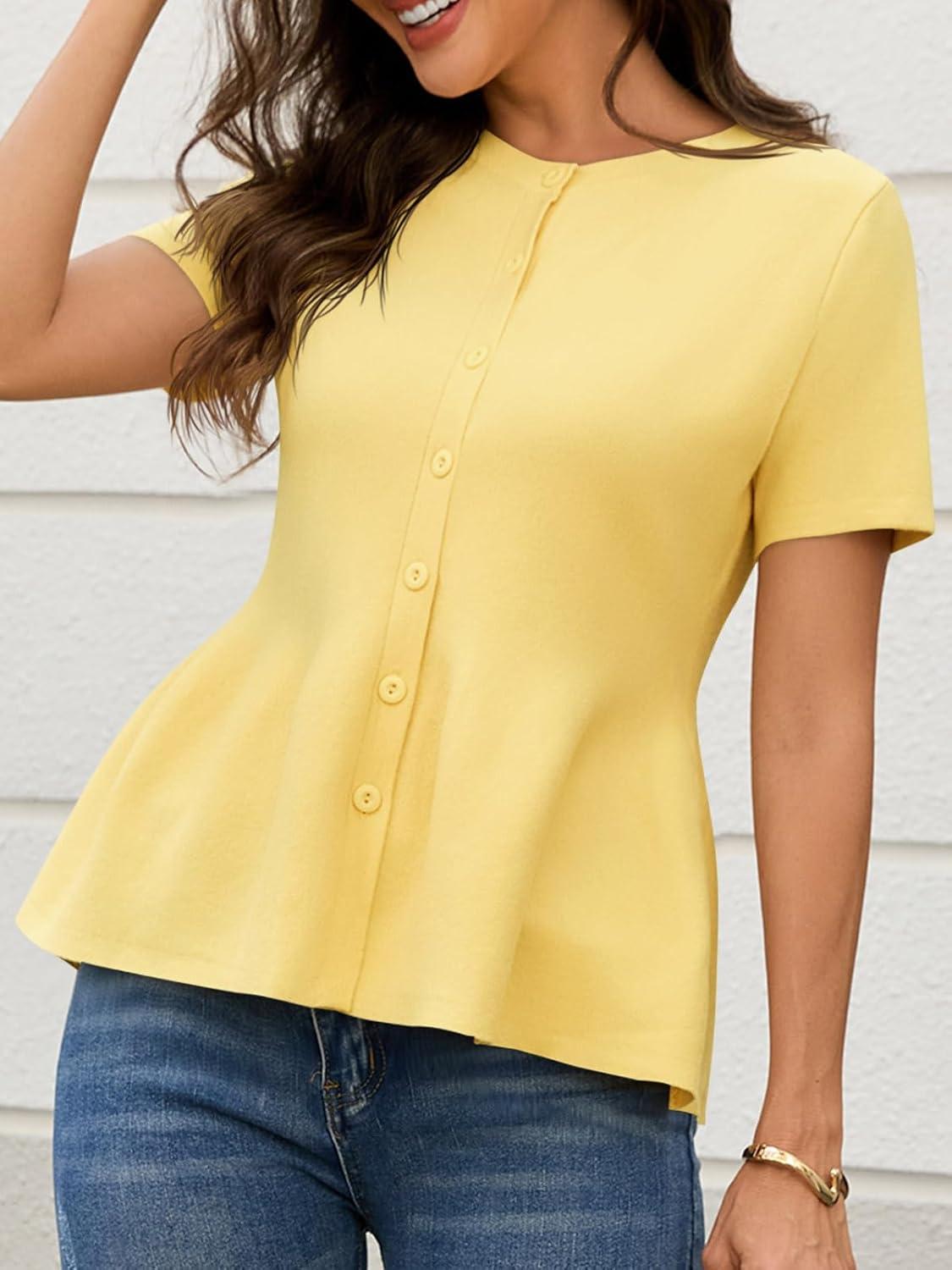 image:imageSaodimallsu Womens Short Sleeve Cardigans Ruffle Button Down Crew Neck Peplum Babydoll Knit Sweater TopsYellow