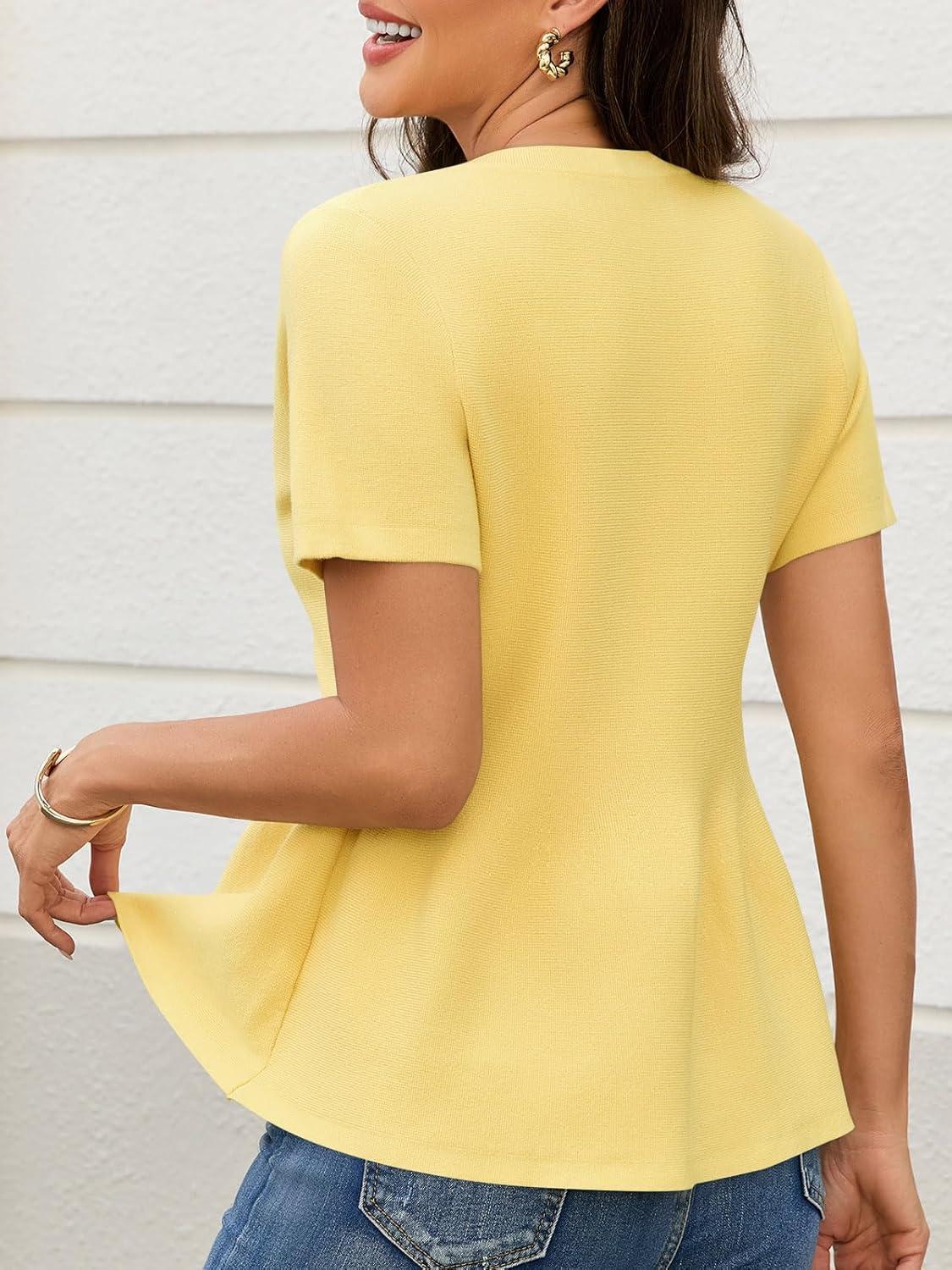 image:imageSaodimallsu Womens Short Sleeve Cardigans Ruffle Button Down Crew Neck Peplum Babydoll Knit Sweater TopsYellow