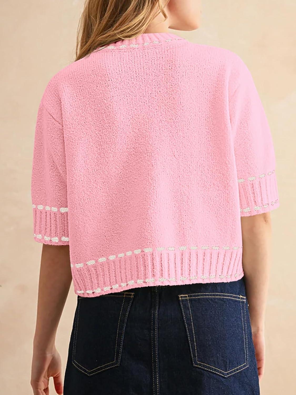 image:imageSaodimallsu Womens Short Sleeve Sweater Summer Cropped Sweaters Casual Crew Neck Pullover Lightweight Knit TopsPink