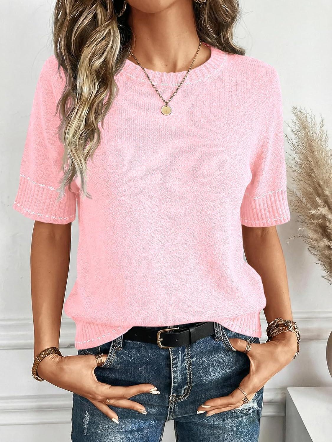 image:imageSaodimallsu Womens Short Sleeve Sweater Summer Cropped Sweaters Casual Crew Neck Pullover Lightweight Knit TopsPink