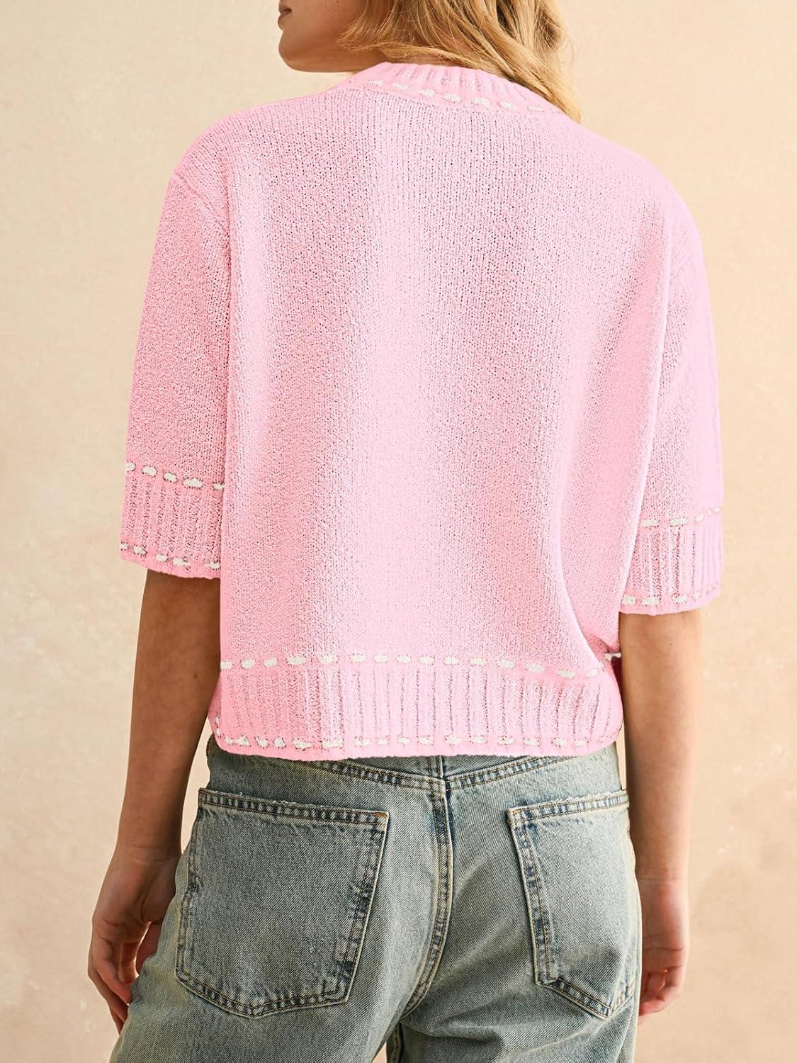 image:imageSaodimallsu Womens Short Sleeve Sweater Summer Cropped Sweaters Casual Crew Neck Pullover Lightweight Knit TopsPink
