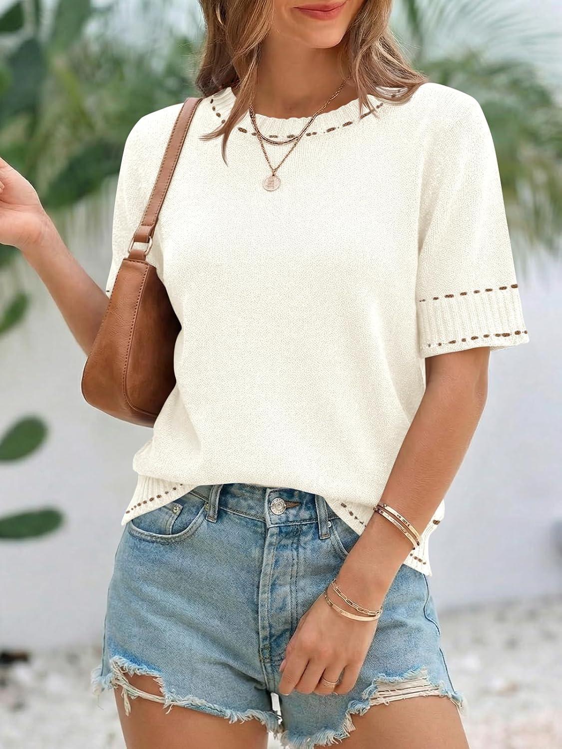 image:imageSaodimallsu Womens Short Sleeve Sweater Summer Cropped Sweaters Casual Crew Neck Pullover Lightweight Knit TopsWhite