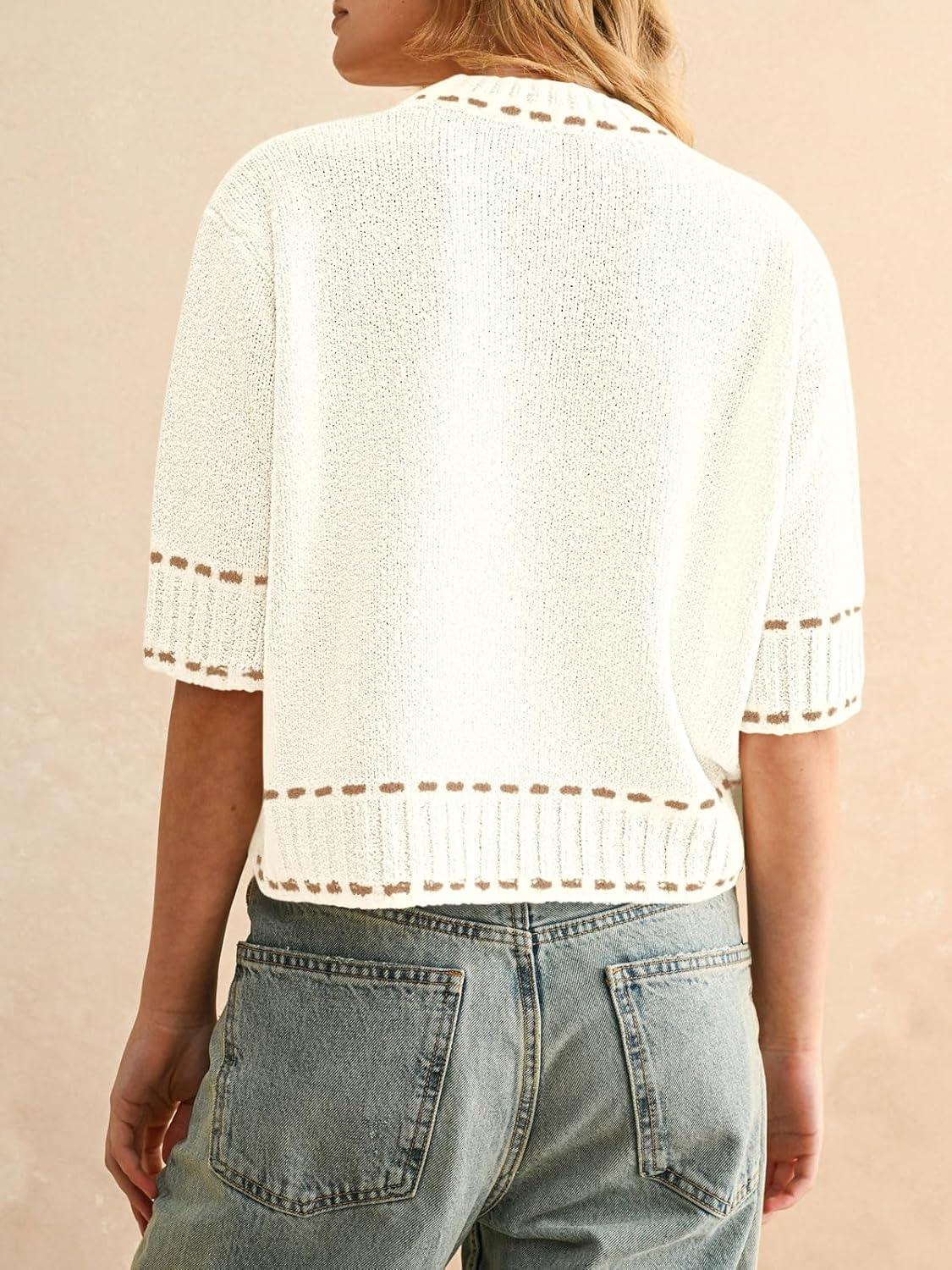 image:imageSaodimallsu Womens Short Sleeve Sweater Summer Cropped Sweaters Casual Crew Neck Pullover Lightweight Knit TopsWhite