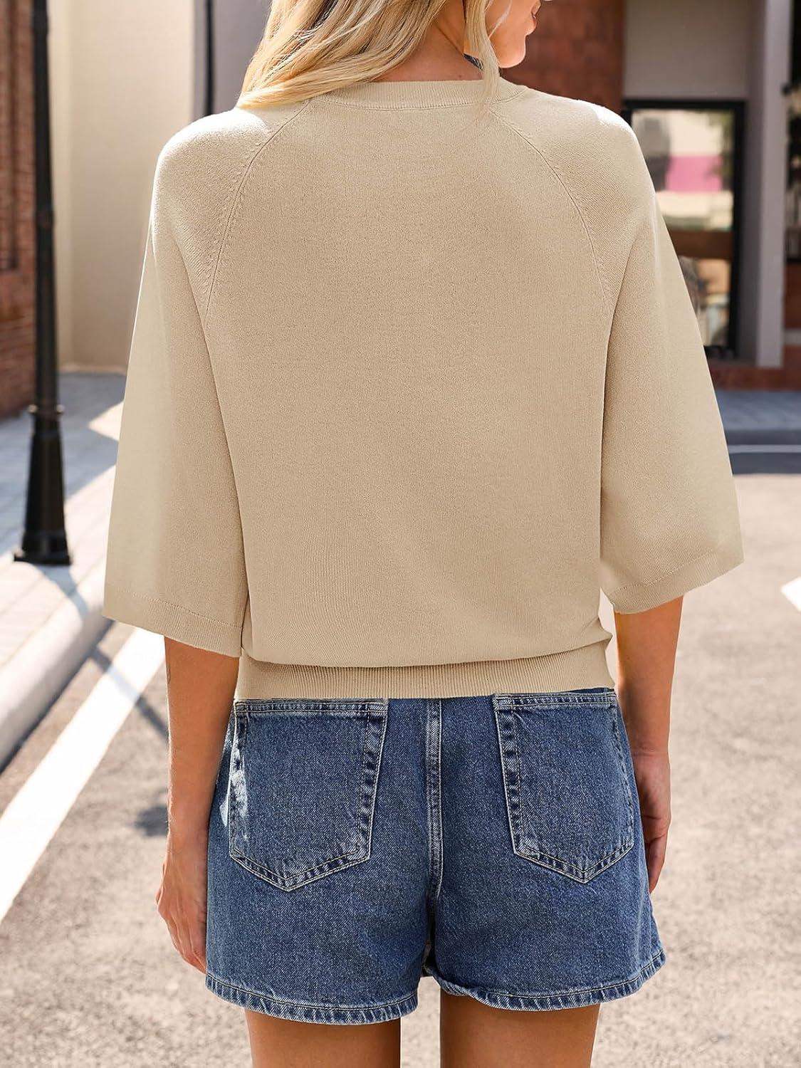 image:imageSaodimallsu Womens Short Sleeve Sweater Tops Summer Lightweight Knit Crew Neck Casual Loose Batwing Pullover TopApricot