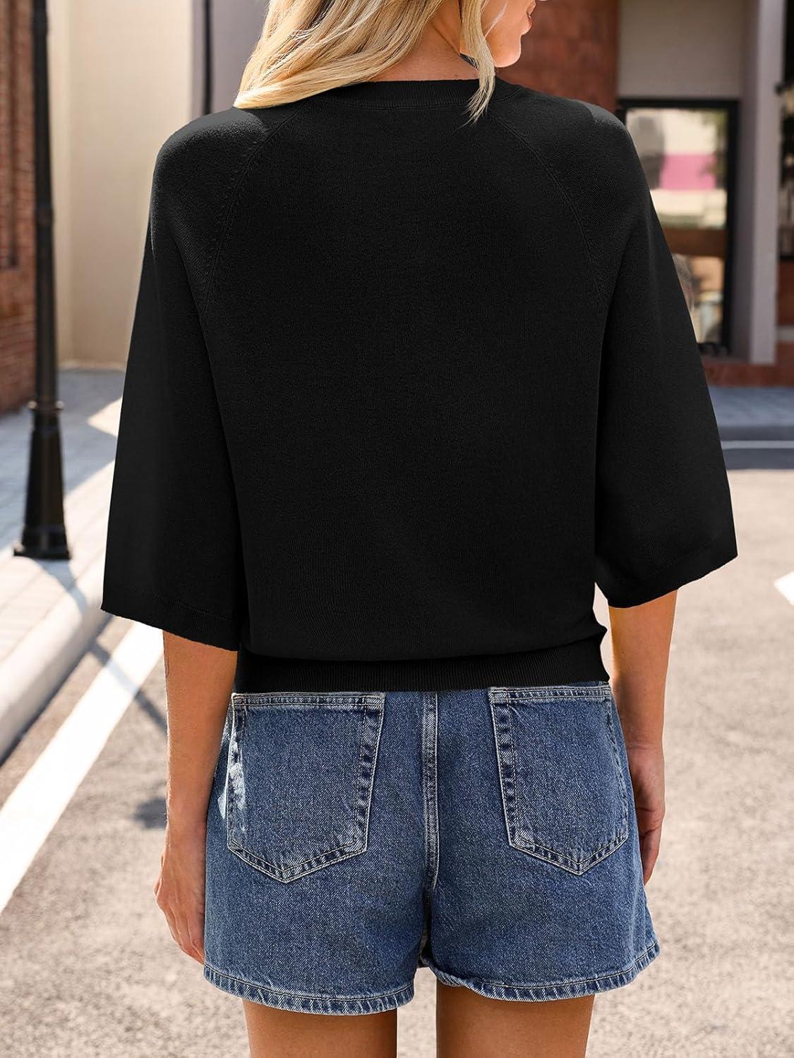 image:imageSaodimallsu Womens Short Sleeve Sweater Tops Summer Lightweight Knit Crew Neck Casual Loose Batwing Pullover TopBlack
