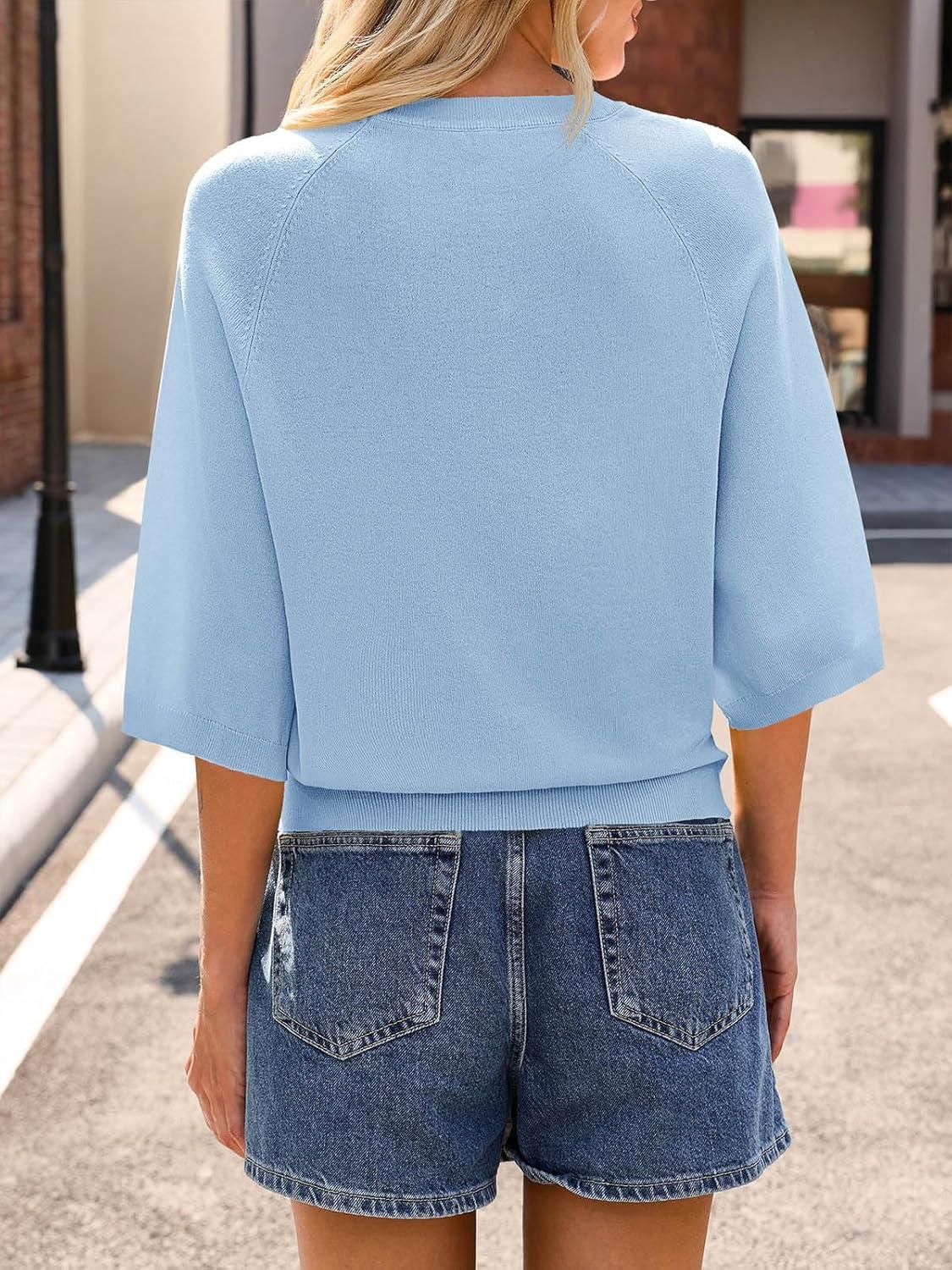 image:imageSaodimallsu Womens Short Sleeve Sweater Tops Summer Lightweight Knit Crew Neck Casual Loose Batwing Pullover TopBlue