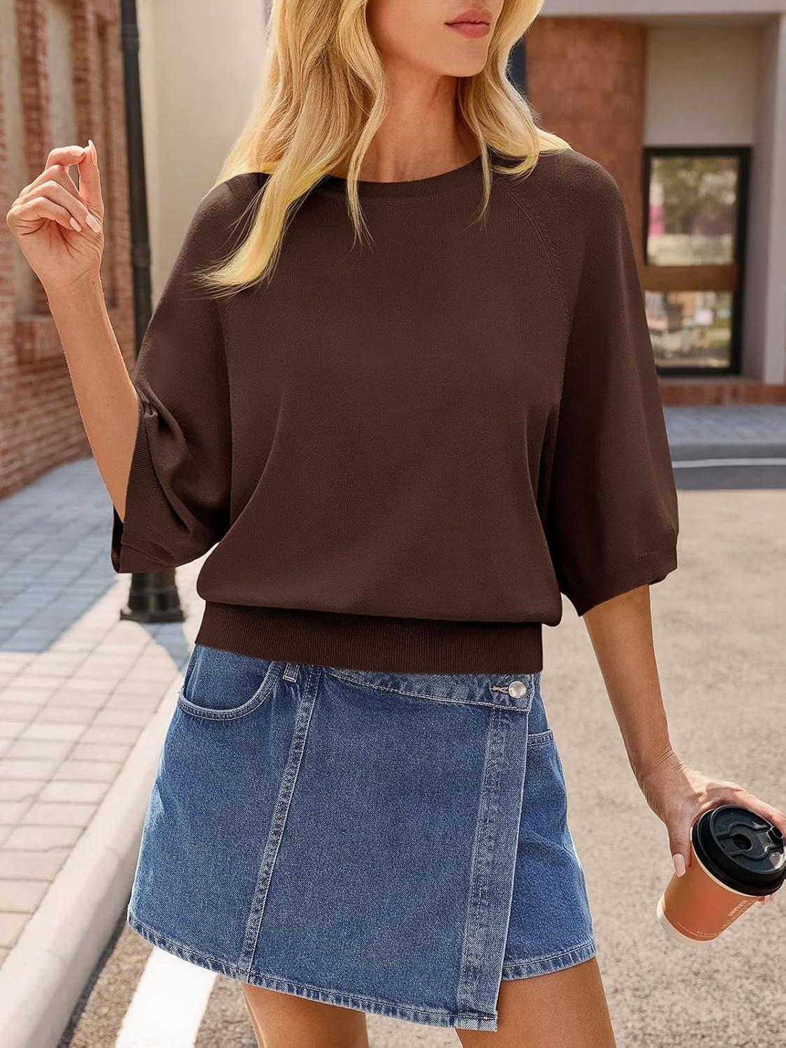 image:imageSaodimallsu Womens Short Sleeve Sweater Tops Summer Lightweight Knit Crew Neck Casual Loose Batwing Pullover TopCoffee