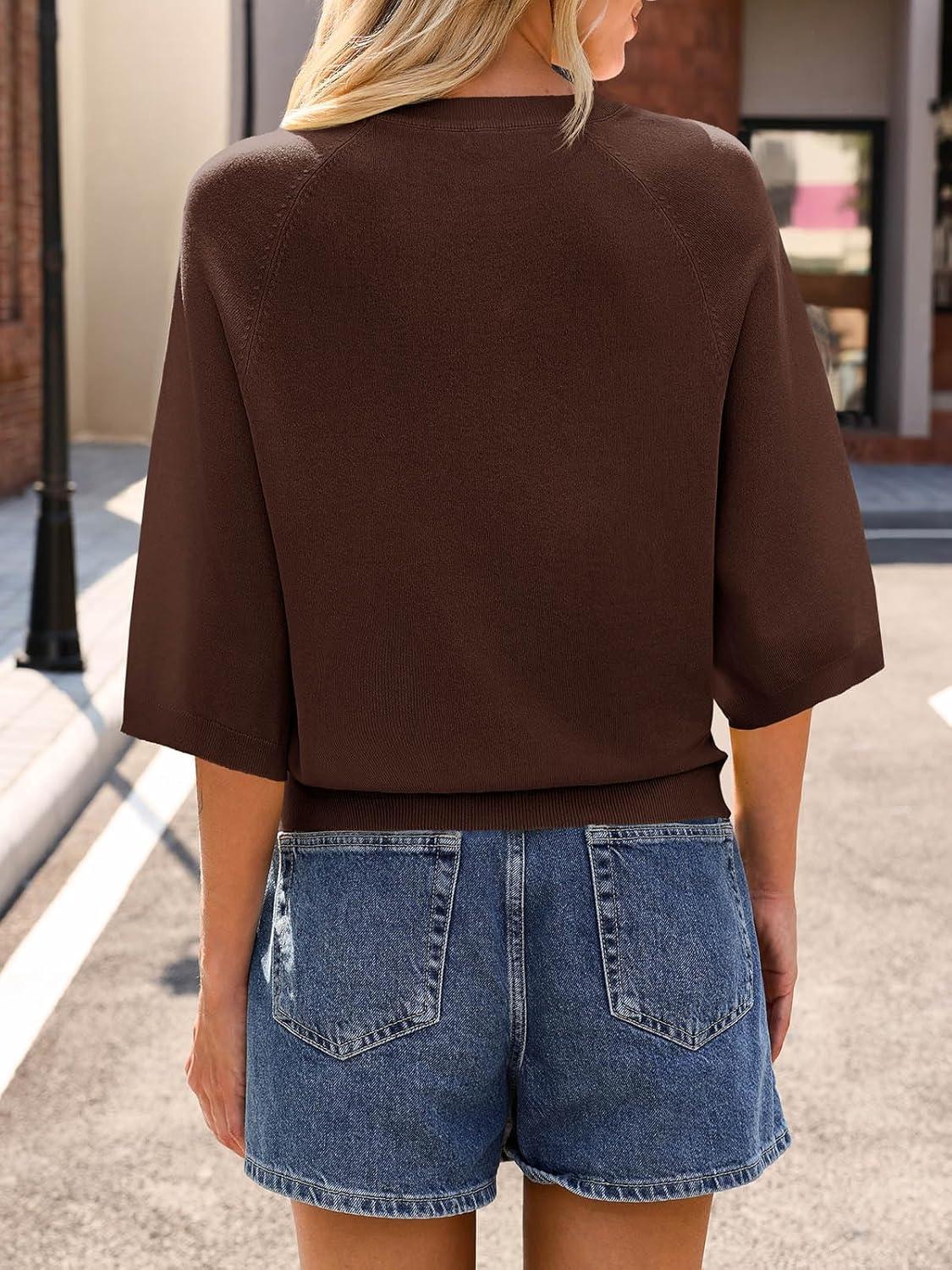 image:imageSaodimallsu Womens Short Sleeve Sweater Tops Summer Lightweight Knit Crew Neck Casual Loose Batwing Pullover TopCoffee