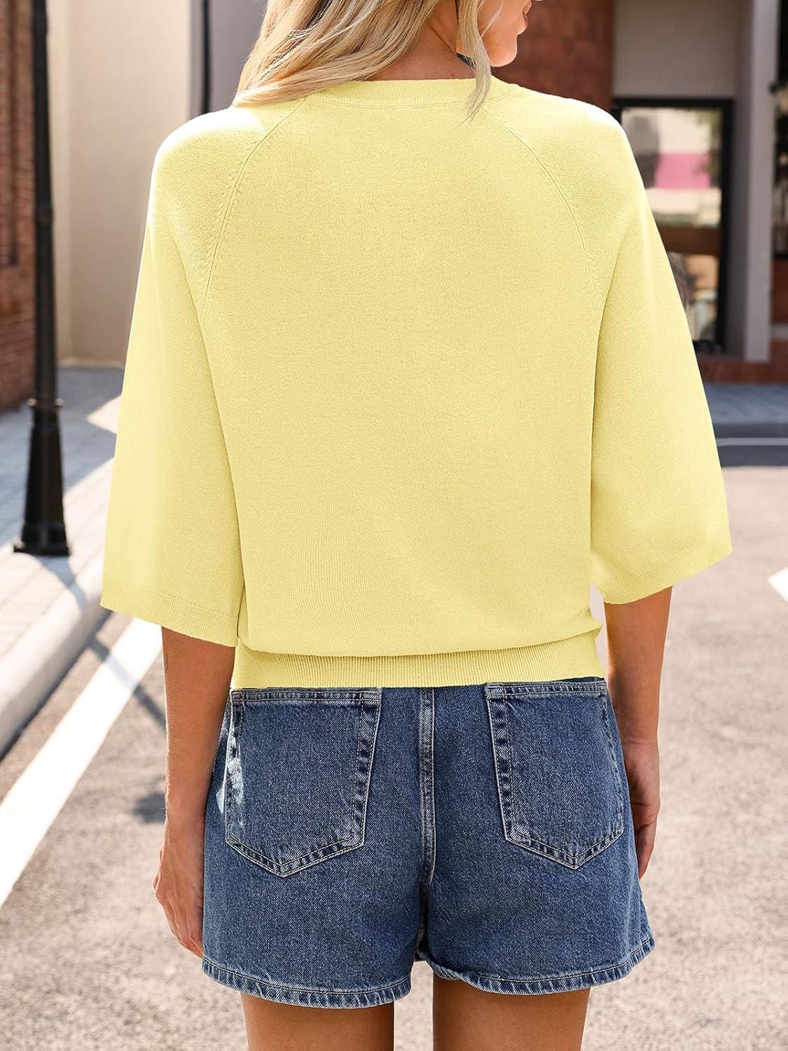 image:imageSaodimallsu Womens Short Sleeve Sweater Tops Summer Lightweight Knit Crew Neck Casual Loose Batwing Pullover TopYellow