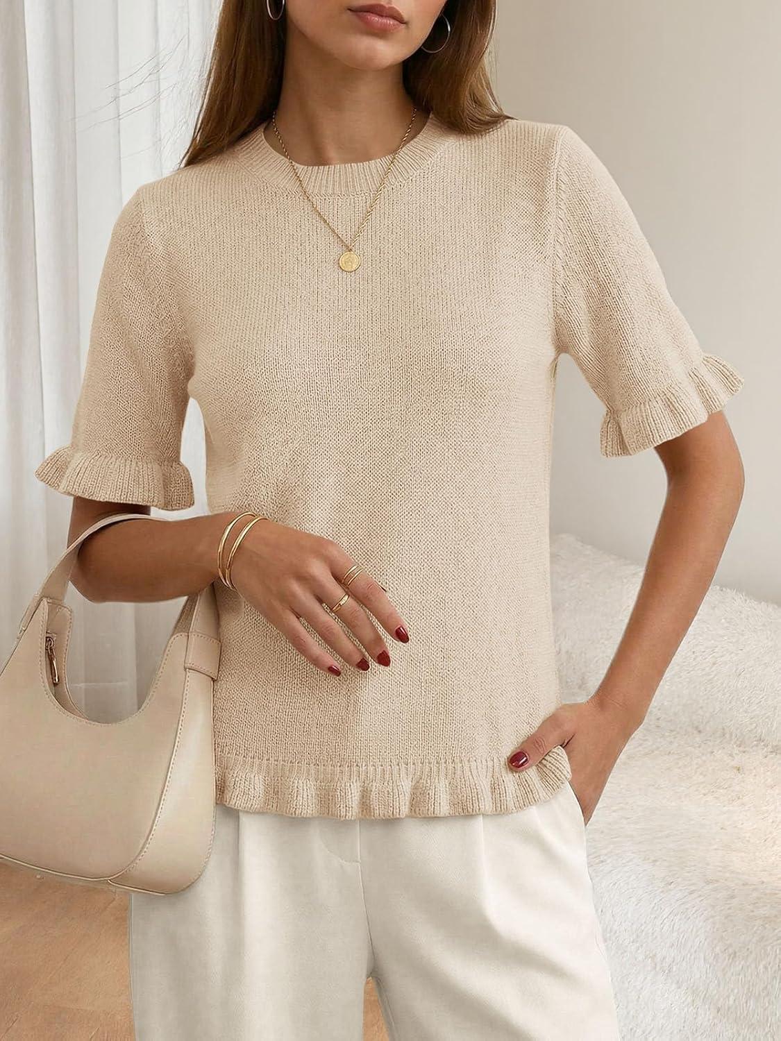 image:imageSaodimallsu Womens Short Sleeve Sweater Tops Summer Ruffle Casual Loose Fitting Crew Neck Knit ShirtsApricot