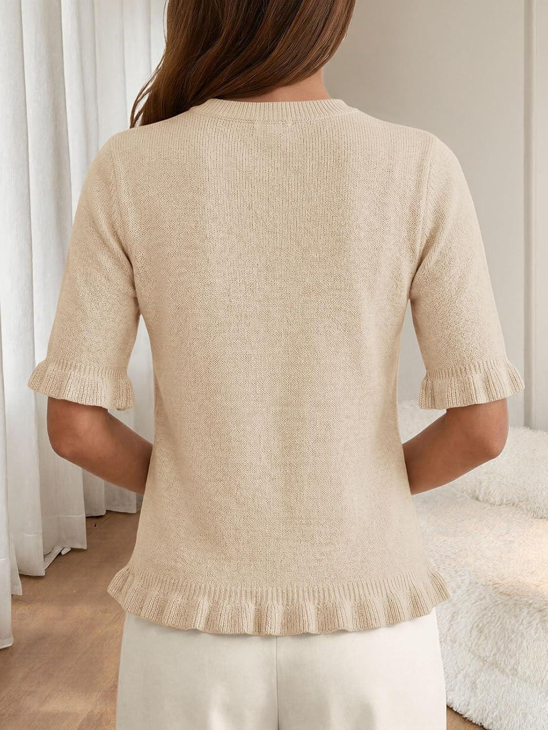 image:imageSaodimallsu Womens Short Sleeve Sweater Tops Summer Ruffle Casual Loose Fitting Crew Neck Knit ShirtsApricot