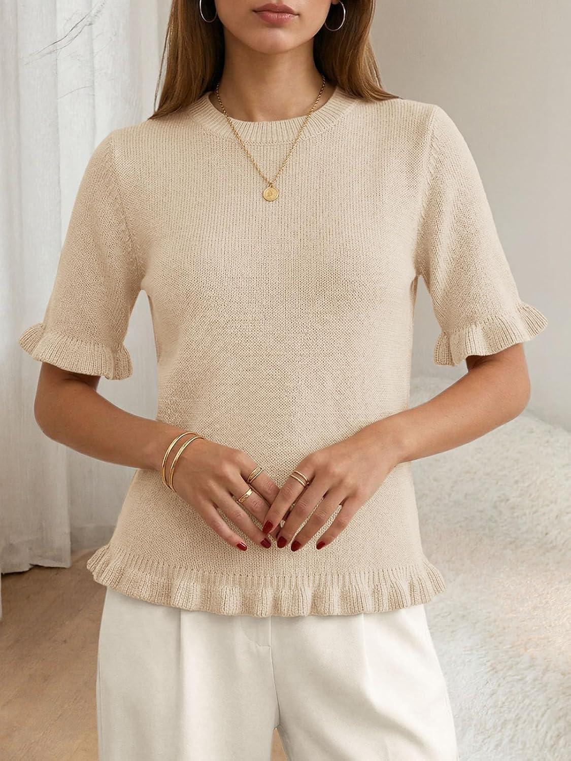 image:imageSaodimallsu Womens Short Sleeve Sweater Tops Summer Ruffle Casual Loose Fitting Crew Neck Knit ShirtsApricot