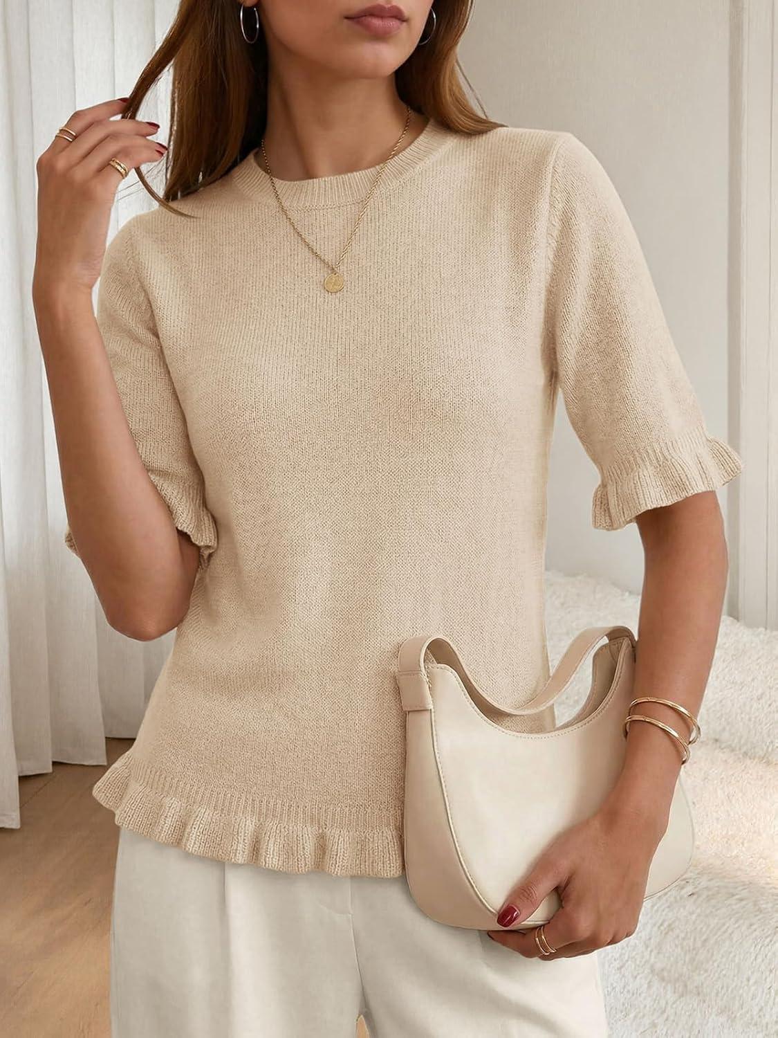 image:imageSaodimallsu Womens Short Sleeve Sweater Tops Summer Ruffle Casual Loose Fitting Crew Neck Knit ShirtsApricot