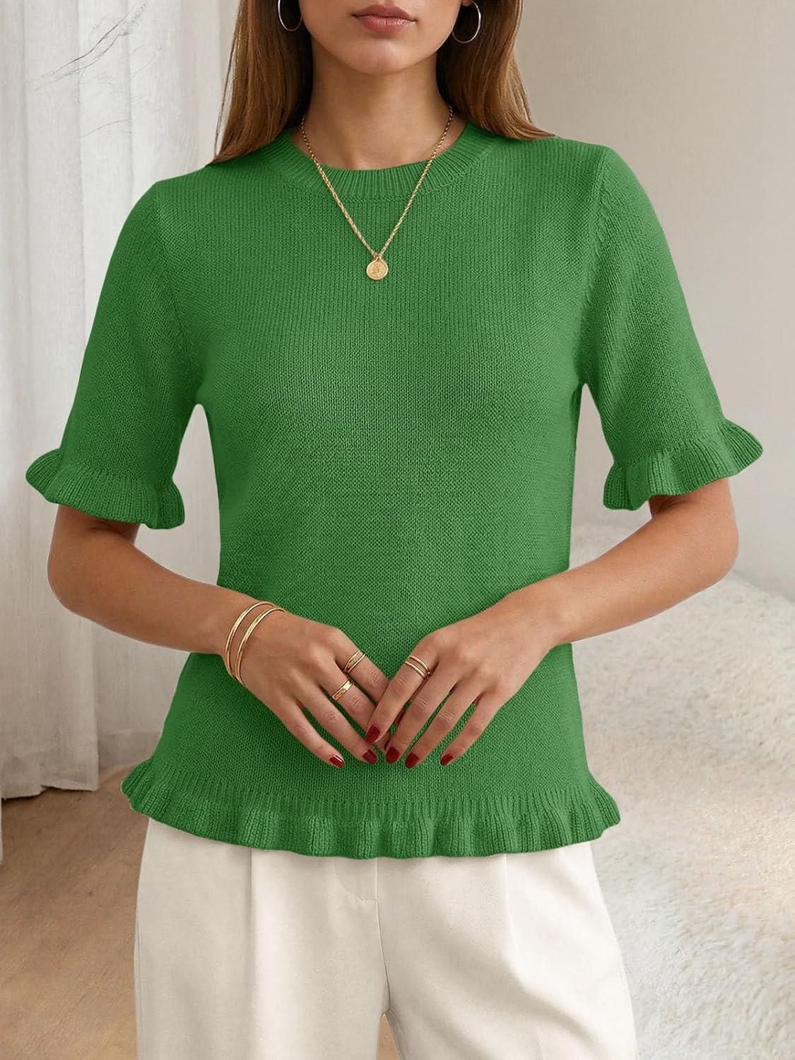 image:imageSaodimallsu Womens Short Sleeve Sweater Tops Summer Ruffle Casual Loose Fitting Crew Neck Knit ShirtsGreen