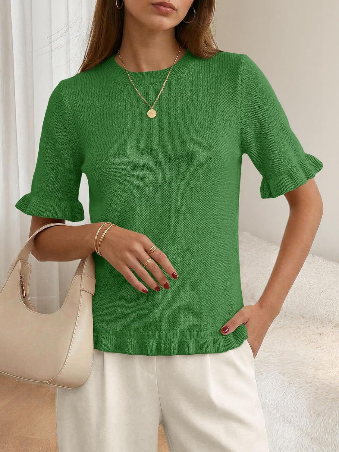 image:imageSaodimallsu Womens Short Sleeve Sweater Tops Summer Ruffle Casual Loose Fitting Crew Neck Knit ShirtsGreen