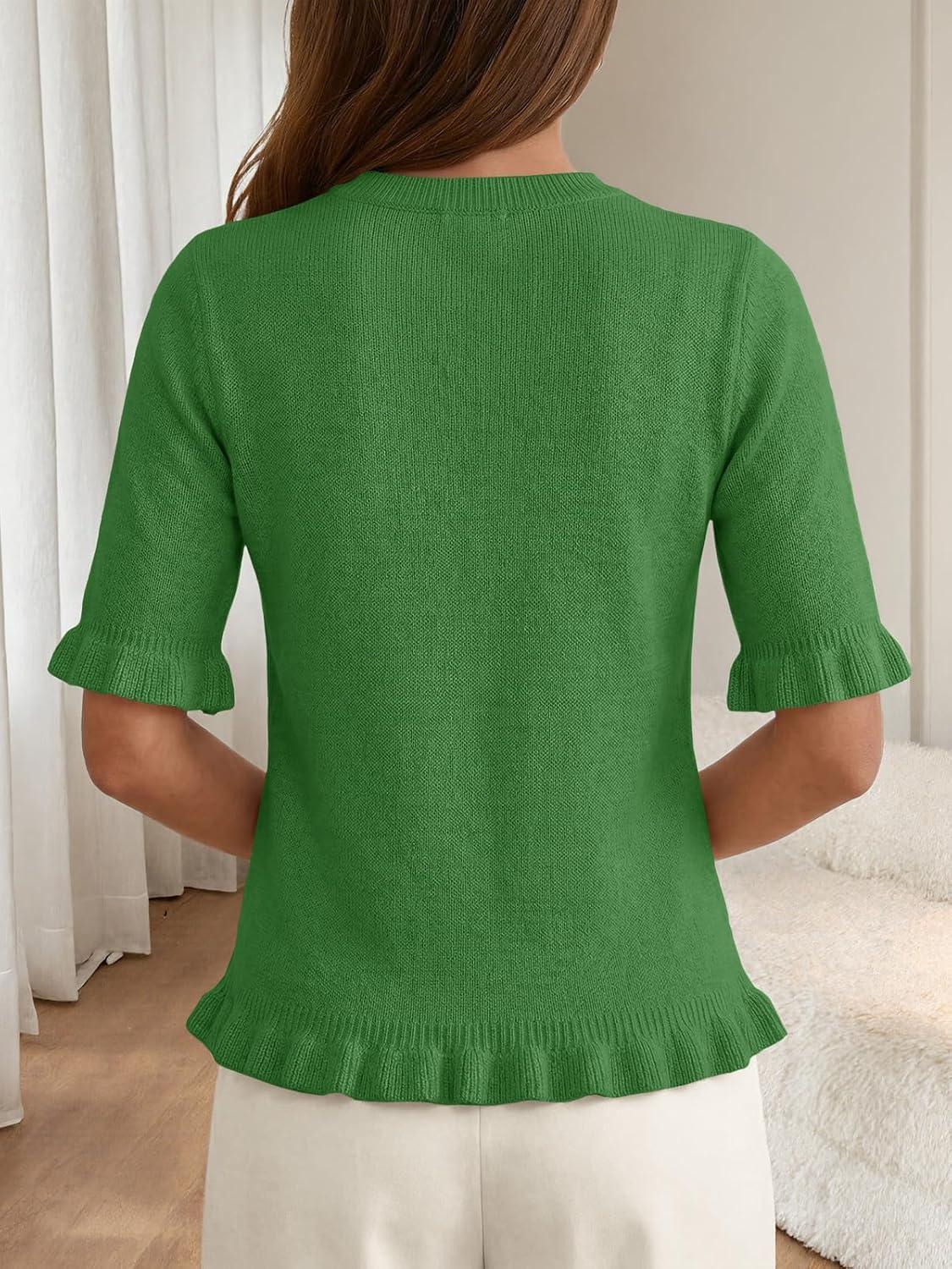 image:imageSaodimallsu Womens Short Sleeve Sweater Tops Summer Ruffle Casual Loose Fitting Crew Neck Knit ShirtsGreen