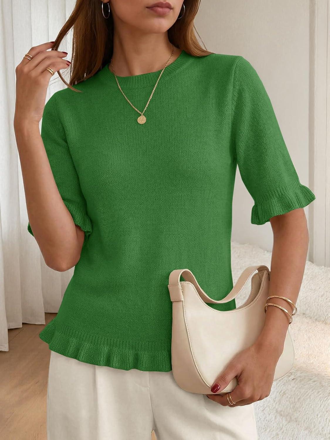 image:imageSaodimallsu Womens Short Sleeve Sweater Tops Summer Ruffle Casual Loose Fitting Crew Neck Knit ShirtsGreen