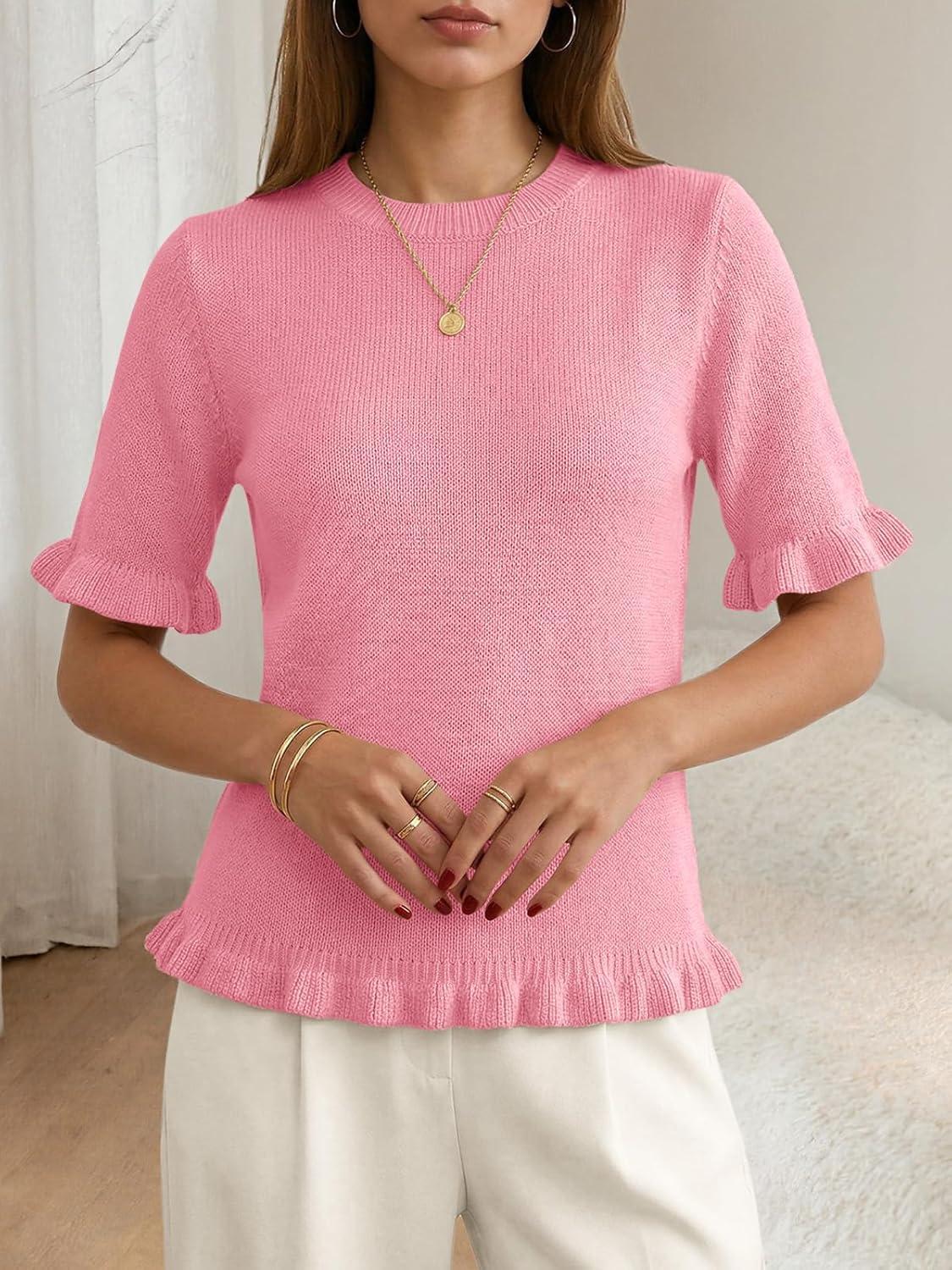 image:imageSaodimallsu Womens Short Sleeve Sweater Tops Summer Ruffle Casual Loose Fitting Crew Neck Knit ShirtsPink