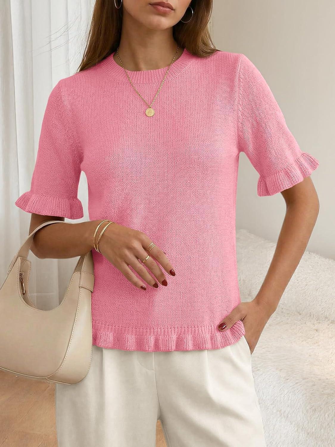image:imageSaodimallsu Womens Short Sleeve Sweater Tops Summer Ruffle Casual Loose Fitting Crew Neck Knit ShirtsPink