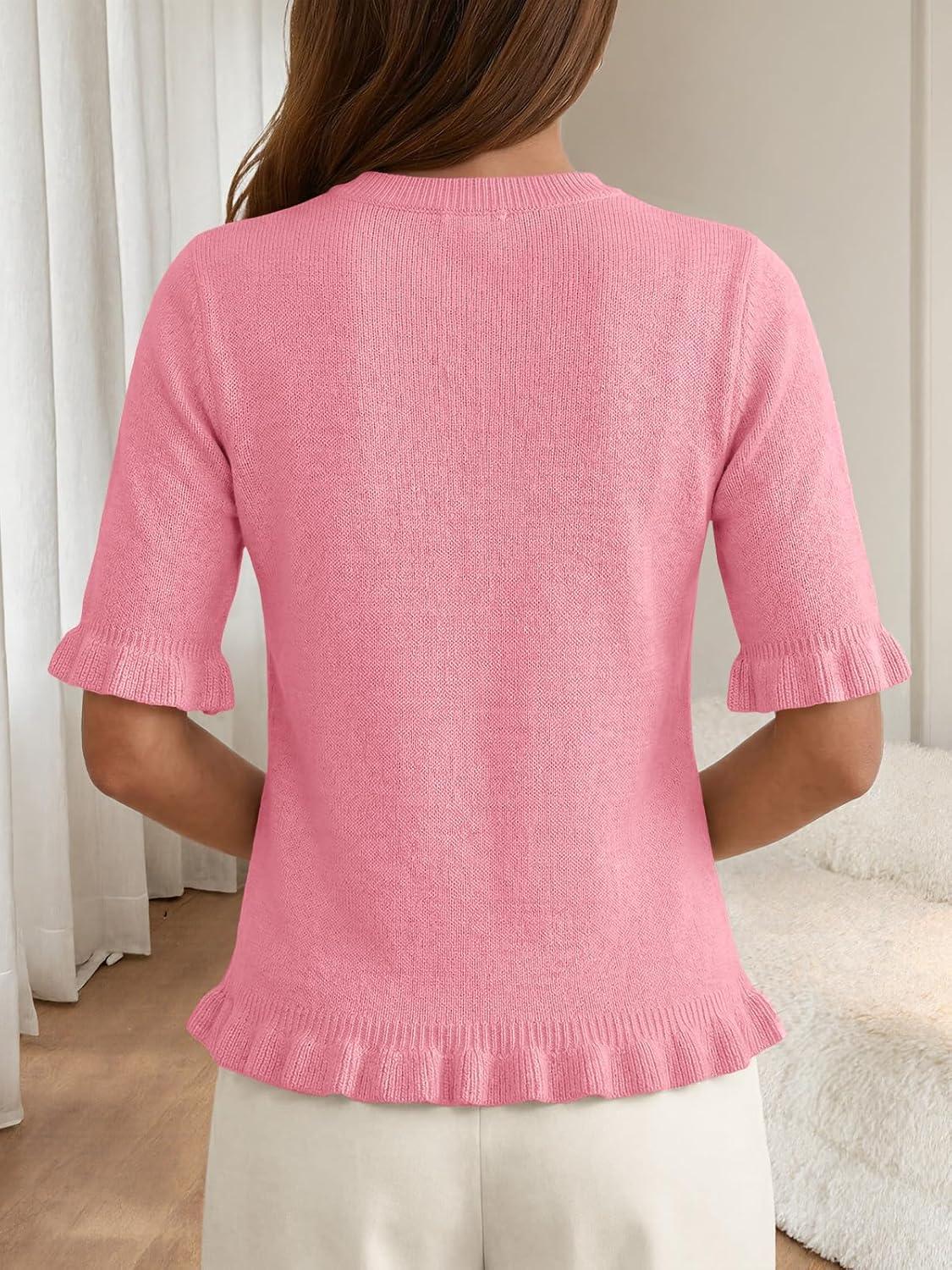 image:imageSaodimallsu Womens Short Sleeve Sweater Tops Summer Ruffle Casual Loose Fitting Crew Neck Knit ShirtsPink