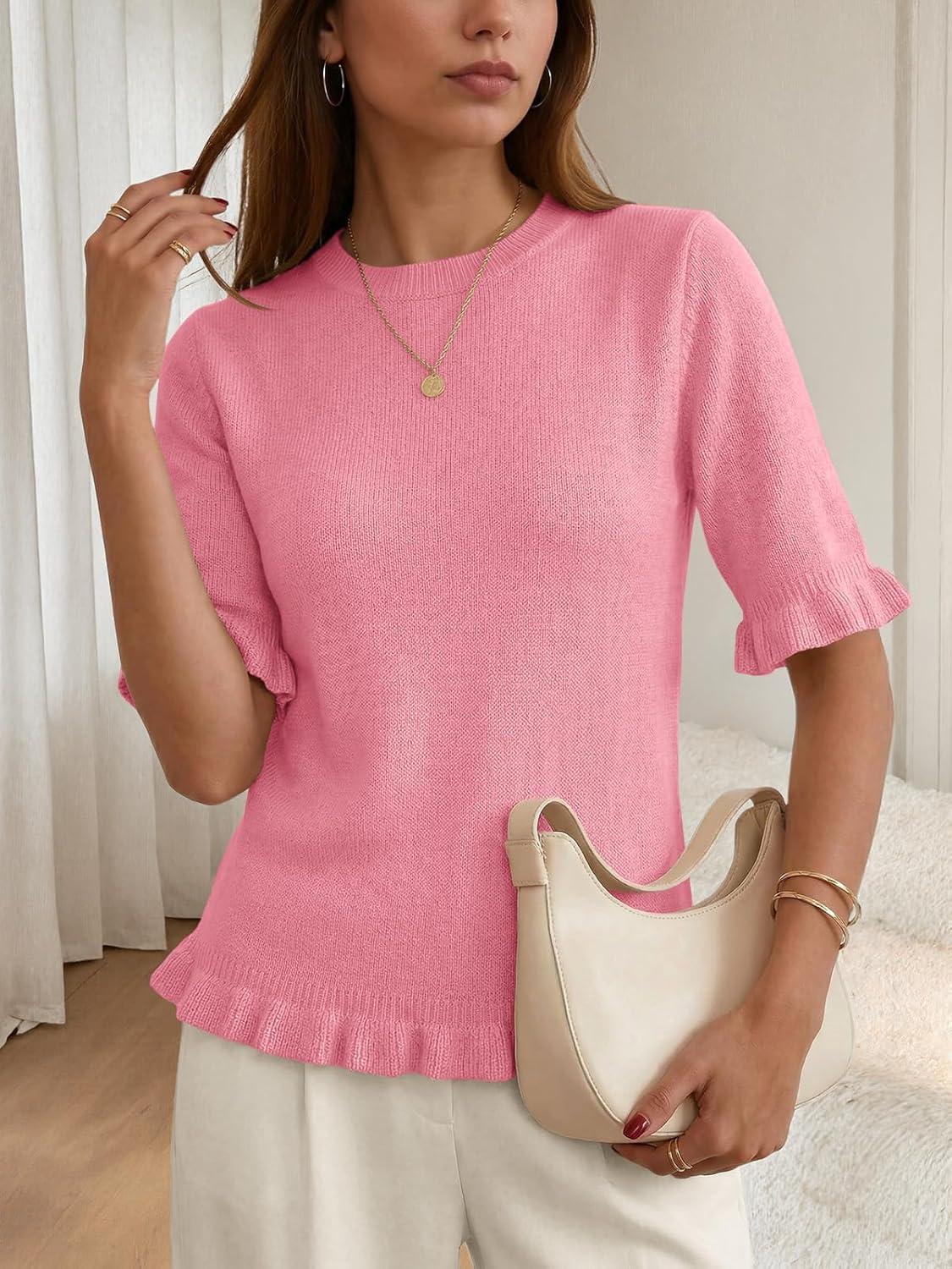 image:imageSaodimallsu Womens Short Sleeve Sweater Tops Summer Ruffle Casual Loose Fitting Crew Neck Knit ShirtsPink