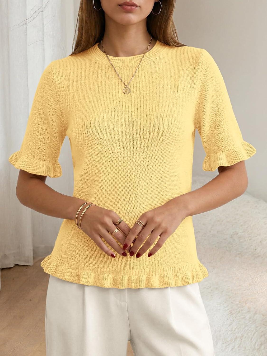 image:imageSaodimallsu Womens Short Sleeve Sweater Tops Summer Ruffle Casual Loose Fitting Crew Neck Knit ShirtsYellow
