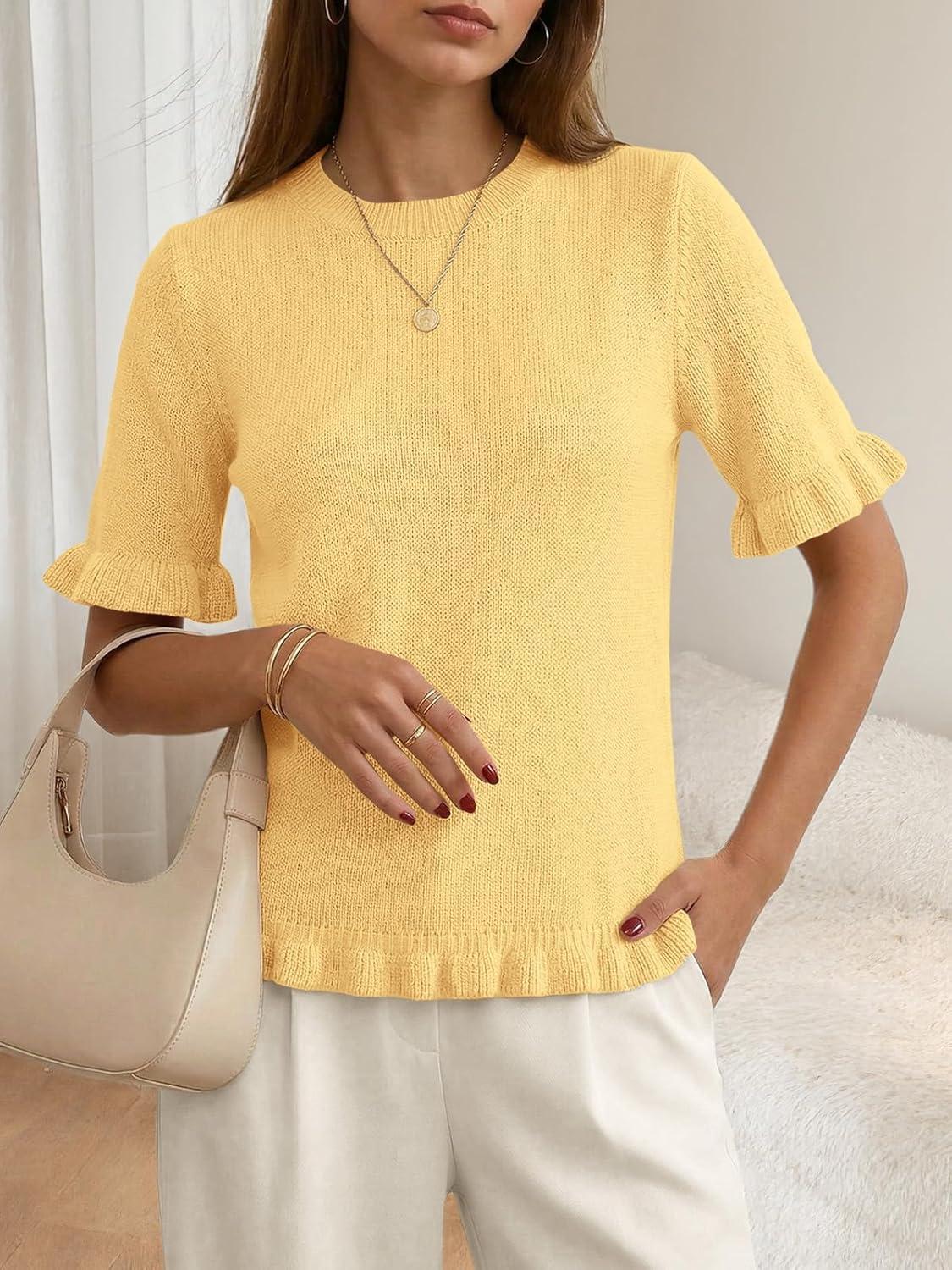 image:imageSaodimallsu Womens Short Sleeve Sweater Tops Summer Ruffle Casual Loose Fitting Crew Neck Knit ShirtsYellow