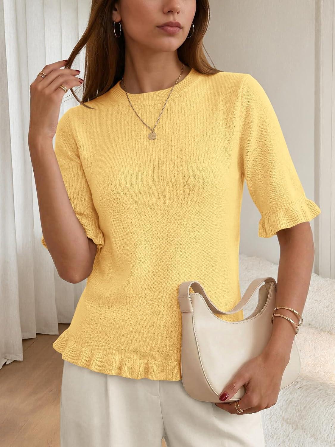 image:imageSaodimallsu Womens Short Sleeve Sweater Tops Summer Ruffle Casual Loose Fitting Crew Neck Knit ShirtsYellow