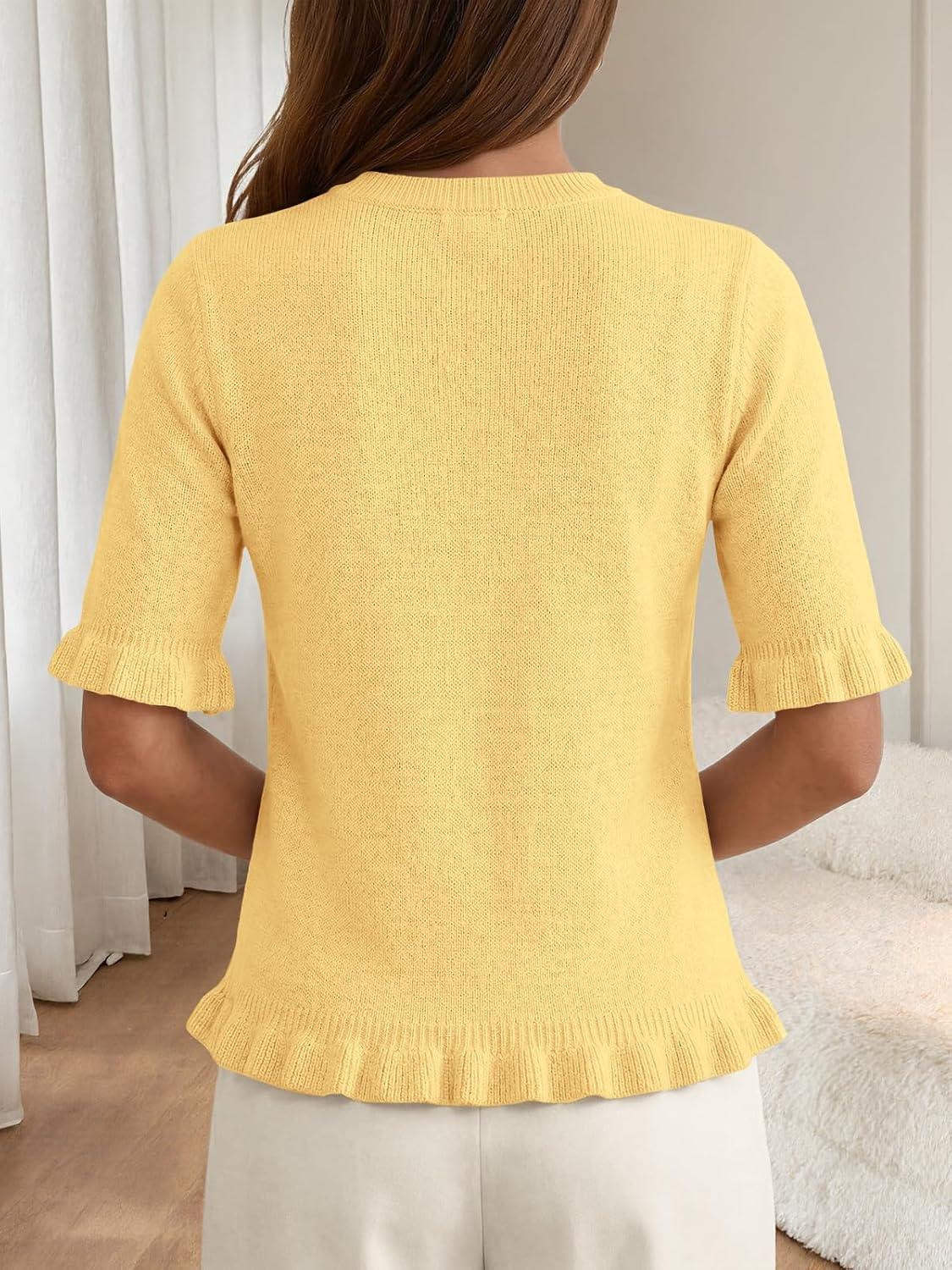 image:imageSaodimallsu Womens Short Sleeve Sweater Tops Summer Ruffle Casual Loose Fitting Crew Neck Knit ShirtsYellow