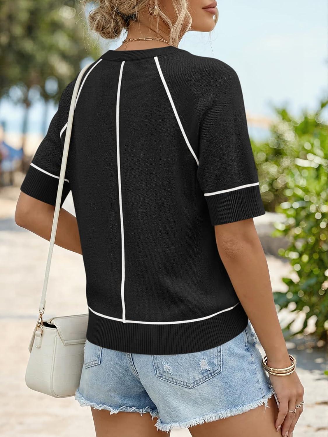 image:imageSaodimallsu Womens Short Sleeve Sweaters Casual Crew Neck Lightweight Knit Summer Trendy Pullover TopsBlack