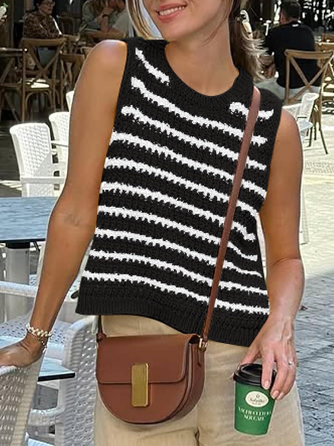 image:imageSaodimallsu Womens Sleeveless Striped Sweater Vest Crew Neck Summer Casual Side Split Knit Tank TopsBlack