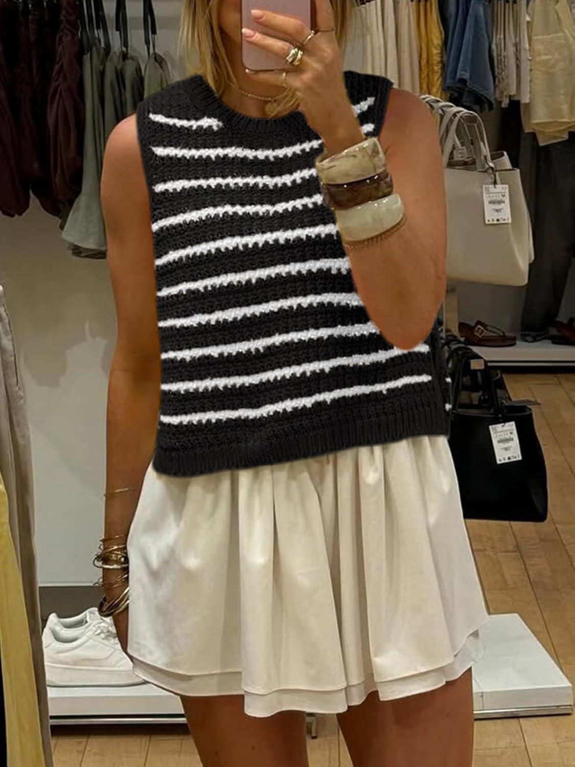 image:imageSaodimallsu Womens Sleeveless Striped Sweater Vest Crew Neck Summer Casual Side Split Knit Tank TopsBlack