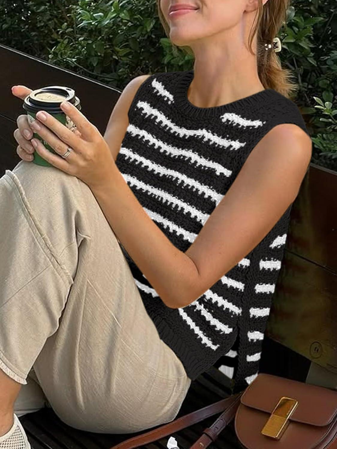 image:imageSaodimallsu Womens Sleeveless Striped Sweater Vest Crew Neck Summer Casual Side Split Knit Tank TopsBlack