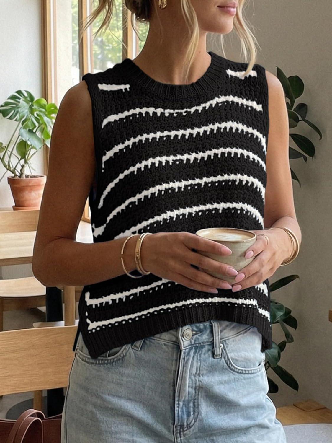 image:imageSaodimallsu Womens Sleeveless Striped Sweater Vest Crew Neck Summer Casual Side Split Knit Tank TopsBlack