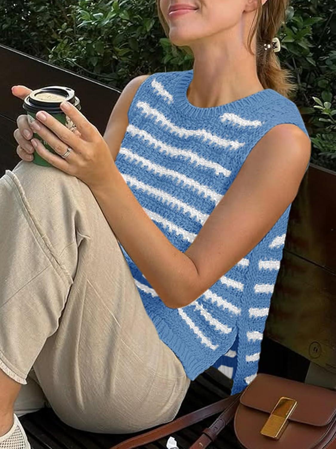 image:imageSaodimallsu Womens Sleeveless Striped Sweater Vest Crew Neck Summer Casual Side Split Knit Tank TopsBlue