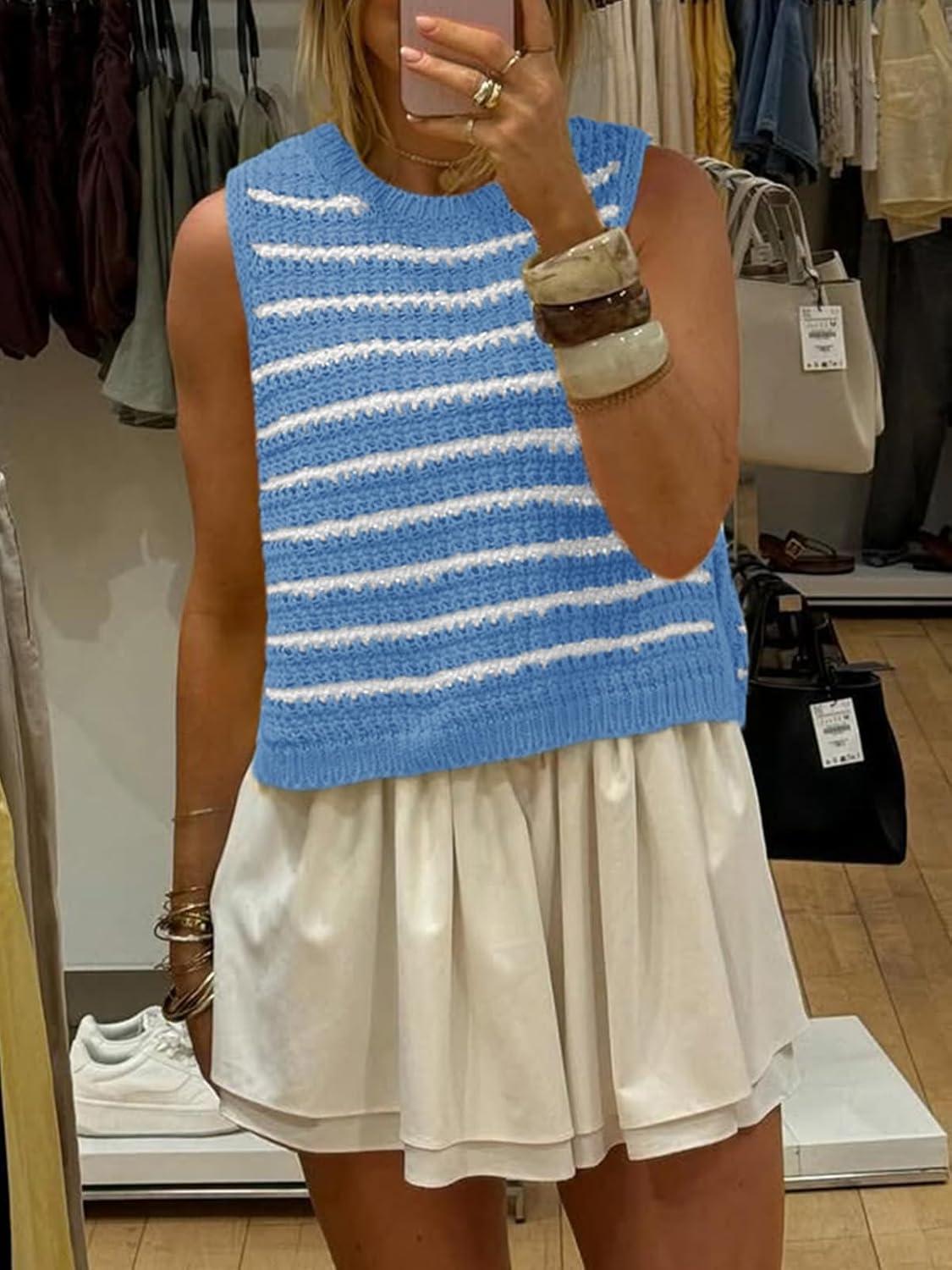 image:imageSaodimallsu Womens Sleeveless Striped Sweater Vest Crew Neck Summer Casual Side Split Knit Tank TopsBlue